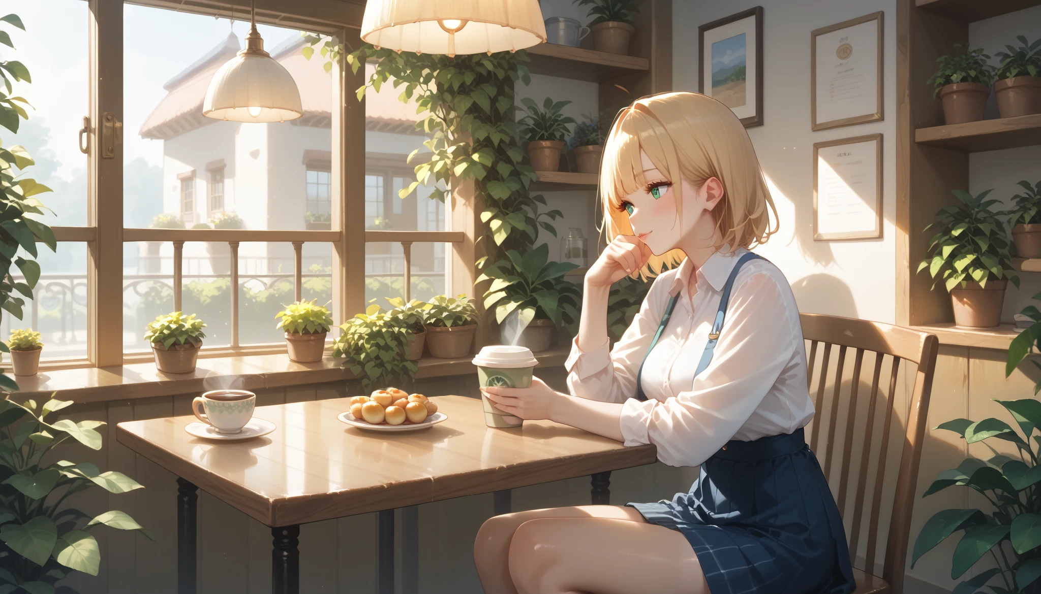 "Modern yet rustic cafe with green plants cascading from shelves and large glass windows letting in golden sunlight. A woman sits near the center table, scrolling on her phone with a coffee cup in hand. The cafe counter displays a gleaming espresso machine, and the soft shadows create a calm ambiance."