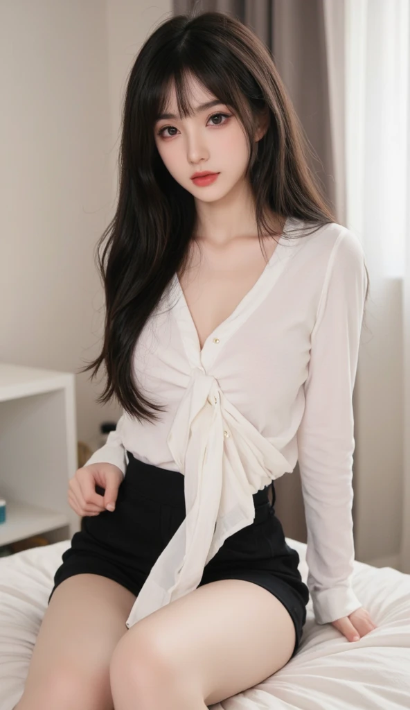 ​masterpiece, top-quality, 超A high resolution, (Photorealsitic:1.4), 32K,beautiful  lighting, Raw photography, 8K UHD, A detailed face, A detailed eye,Detailed eyes,Symmetrical eyes,Good balance between the left and right eyes,no-makeup,beautiful a girl, Cute  s,((with round face,a baby face,Young Face, Narrow eyebrows,Round nose,Upturned nose,Letter to)),(((Wearing a big white long shirt and a long pleated skirt,))), (((［Big white long shirt:1.5,I wear a loose long skirt:1.5］,This is a common-sense configuration,Not erotic))),(Colossal tits:1.5,Big buttocks,Thicker thighs,Feminine body line:1.3,bbw:1.6,Thick body line),((sideboob barbosa)),Inside the library, longshot,Facing backwards、Looks Back