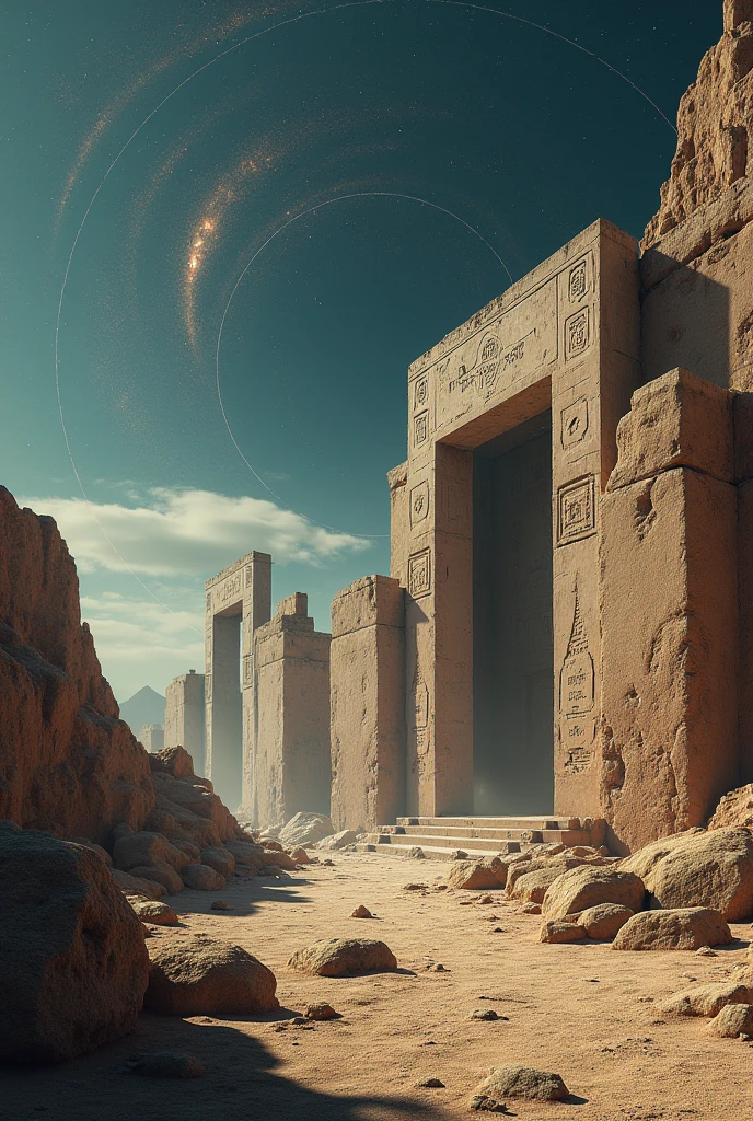 "A mysterious archaeological site where ancient structures align perfectly with celestial bodies, hinting at an otherworldly knowledge."
