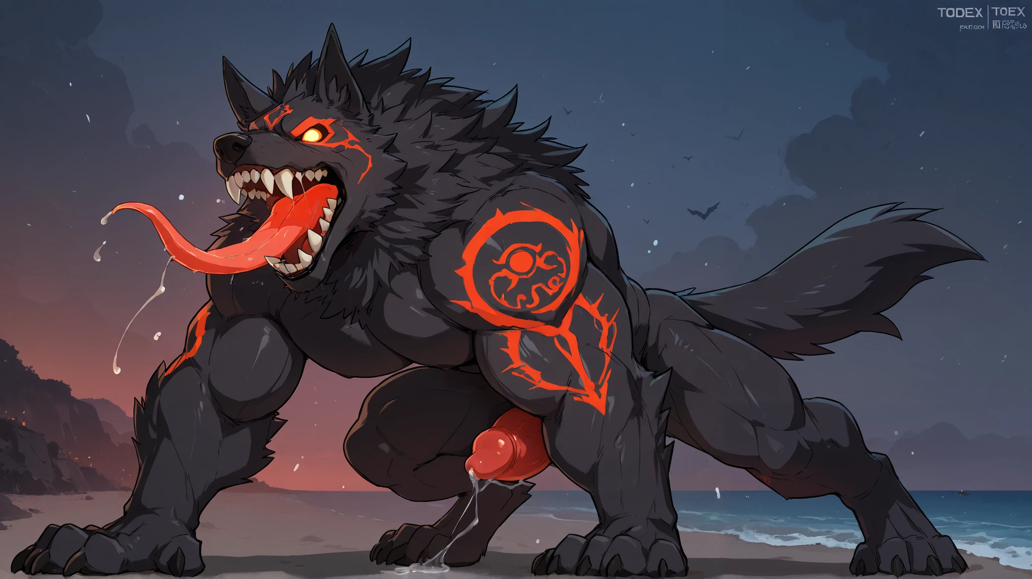 score_9, score_8_up, score_7_up, score_6_up, masterpiece, best quality, amazing quality, very aesthetic, absurdres, newest, scenery, (heartless, muscular, feral, big muscles, glowing red public tattoo), 1male, Solo, Open Mouth, long Tongue, monster werewolf, detailed eyes, beach, (sharp teeth), (by todex:), dog sheath, dog cock, dripping precum