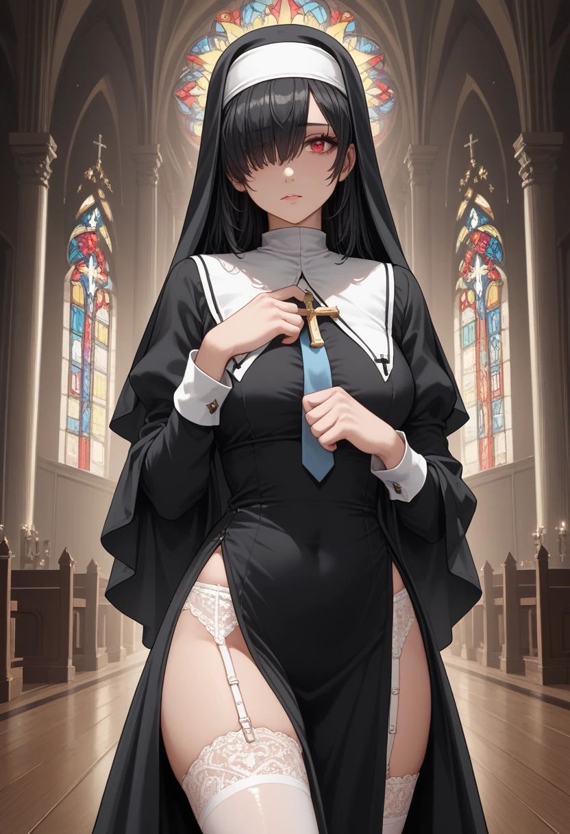 In the intimacy of her bedroom, a woman lies naked from the waist down, her slender legs seductively crossed, revealing her absence of panties. Above her, a beautiful transparent black and white nun's veil hangs delicately, the light shining through it, casting an ethereal glow upon her. A crucifix adorns the wall, its holy symbol contrasting sharply with the sensual scene unfolding below.

The woman, with a medium-sized chest, long, dark hair cascading down her back, and deep, captivating black eyes, gazes up at the veil with a seductive expression. Her chest is exposed, her transparent shirt revealing her