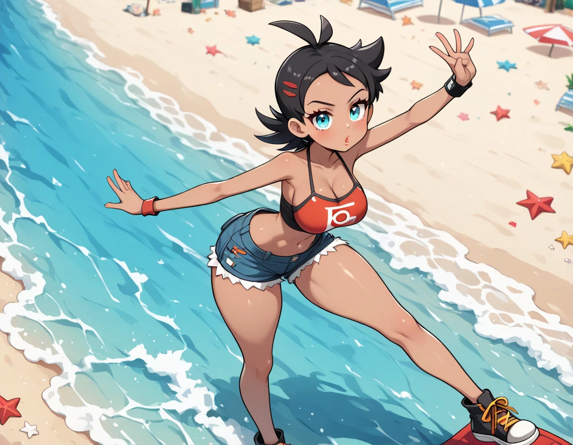 1girl, ranma 1/2 nabiki Tendo in the beach, high details, high resolution, realistic, thong, dark brown hair, chin length hair, bob cut hairstyle, turned around, bent over,
