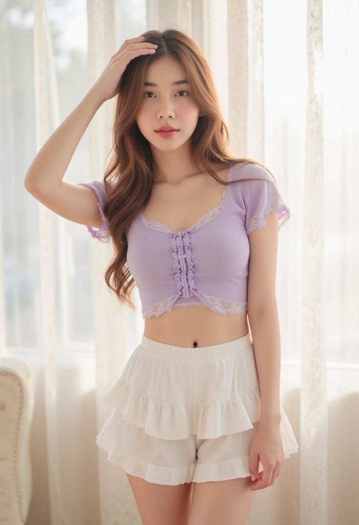 acmm ss outfit, wearing acmm top, light purple acmm top, short sleeves, buttons, wearing acmm long skirt, white and pink with printed acmm long skirt