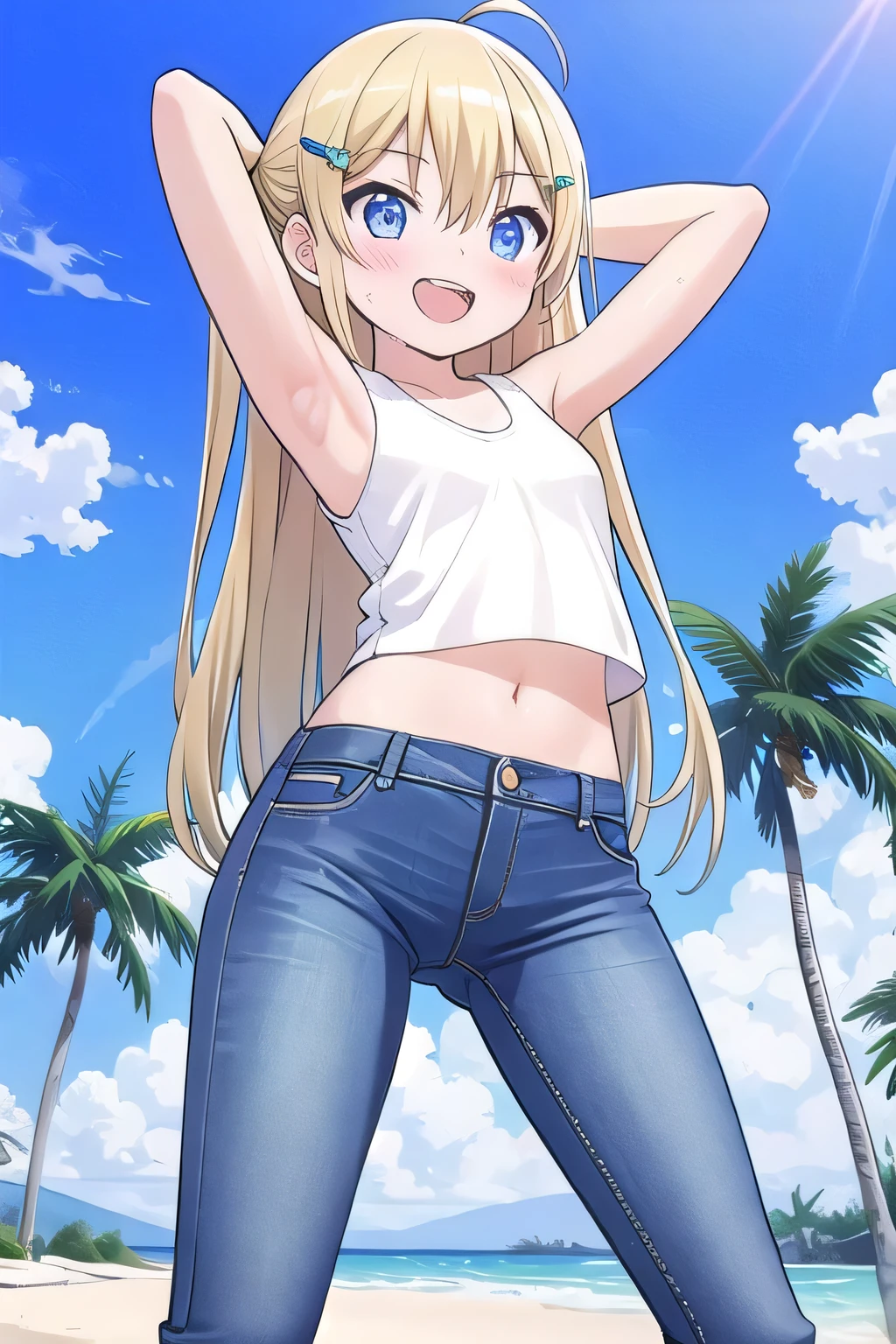 masterpiece, best quality, ultra detail, ((Perfect Face, perfect eyes, perfect hair, perfect arm)), 1girl, , peti ((round face, ecstasy, orgasm face, drooping eyes, shame smiling, blush)), dropping eyes, sleepy, Open mouth, ((White teeth)), background((under the beach, (day:1.2), palm tree, bright sky)), miku hatsune, ahoge, blue eyes, (blonde hair:1.2), crossed bangs, hair between eyes, hair ornament, (long hair:1.2), (straight hair:1.7), ((arms behind head, hands behind head, fingers behind head)), ((contrapposto)), spread armpits, looking at viewer, (white tank top:1.2), (white crop top:1.2), (jeans pants:1.2, flares jeans:1.2, skinny jeans:1.2, blue jeans:1.2), standing, (legs spread:1.4), sex pose, Sweaty crotch, Steam from the crotch, from below, whole body