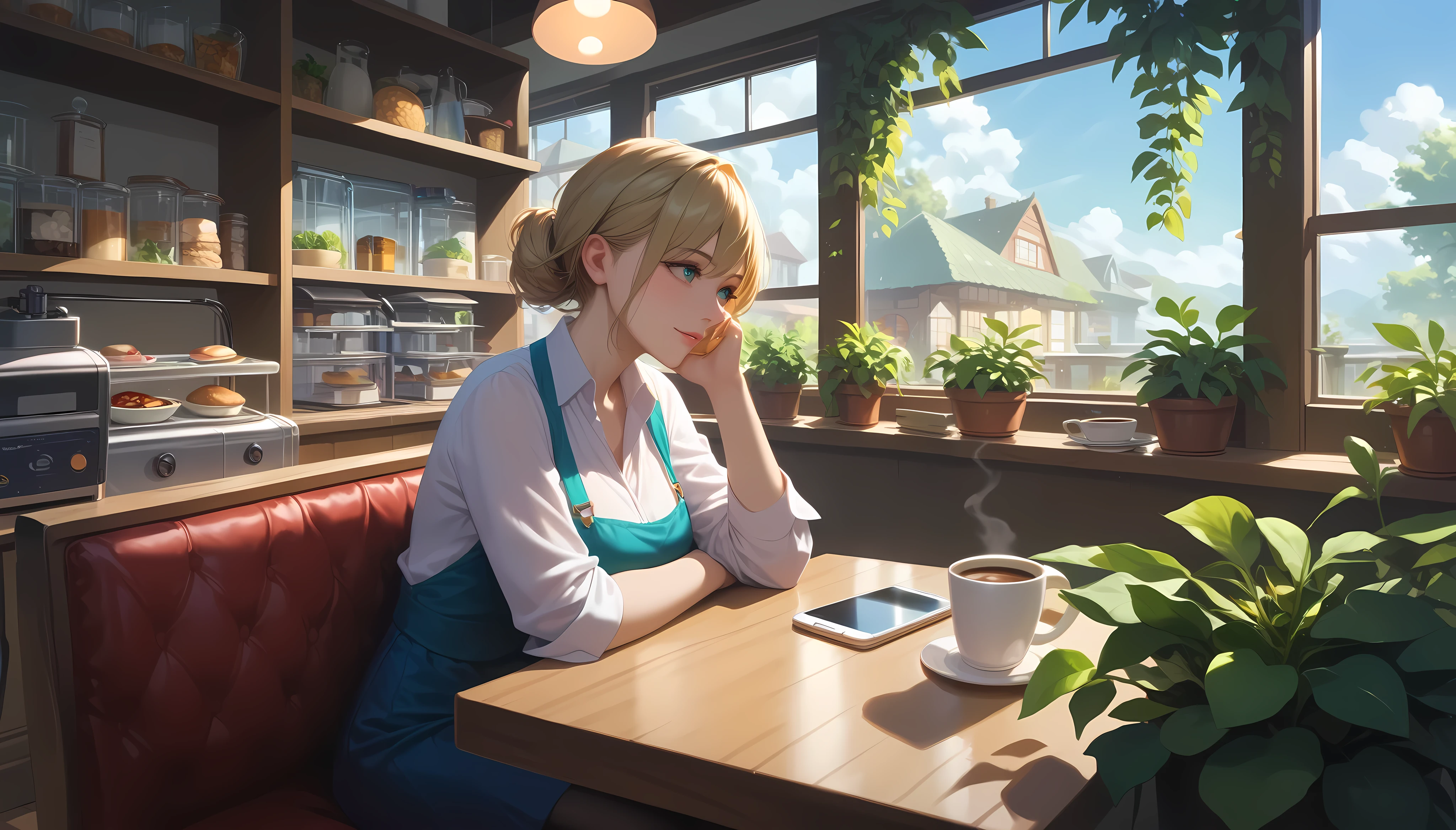 "Modern yet rustic cafe with green plants cascading from shelves and large glass windows letting in golden sunlight. A woman sits near the center table, scrolling on her phone with a coffee cup in hand. The cafe counter displays a gleaming espresso machine, and the soft shadows create a calm ambiance."
