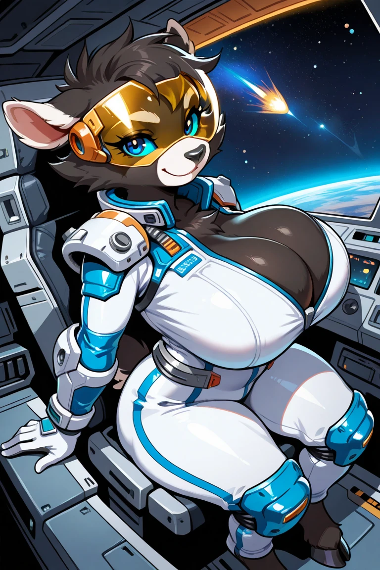 top quality, best quality, by rzminjourney, by vector-art, High-quality illustrations, masterpiece)(kemono, furry anthro)logo mark, round, female, arctic protogen, arctic fox, blue visor, slim body, big breasts, wide hips, astronaut bodysuit,
