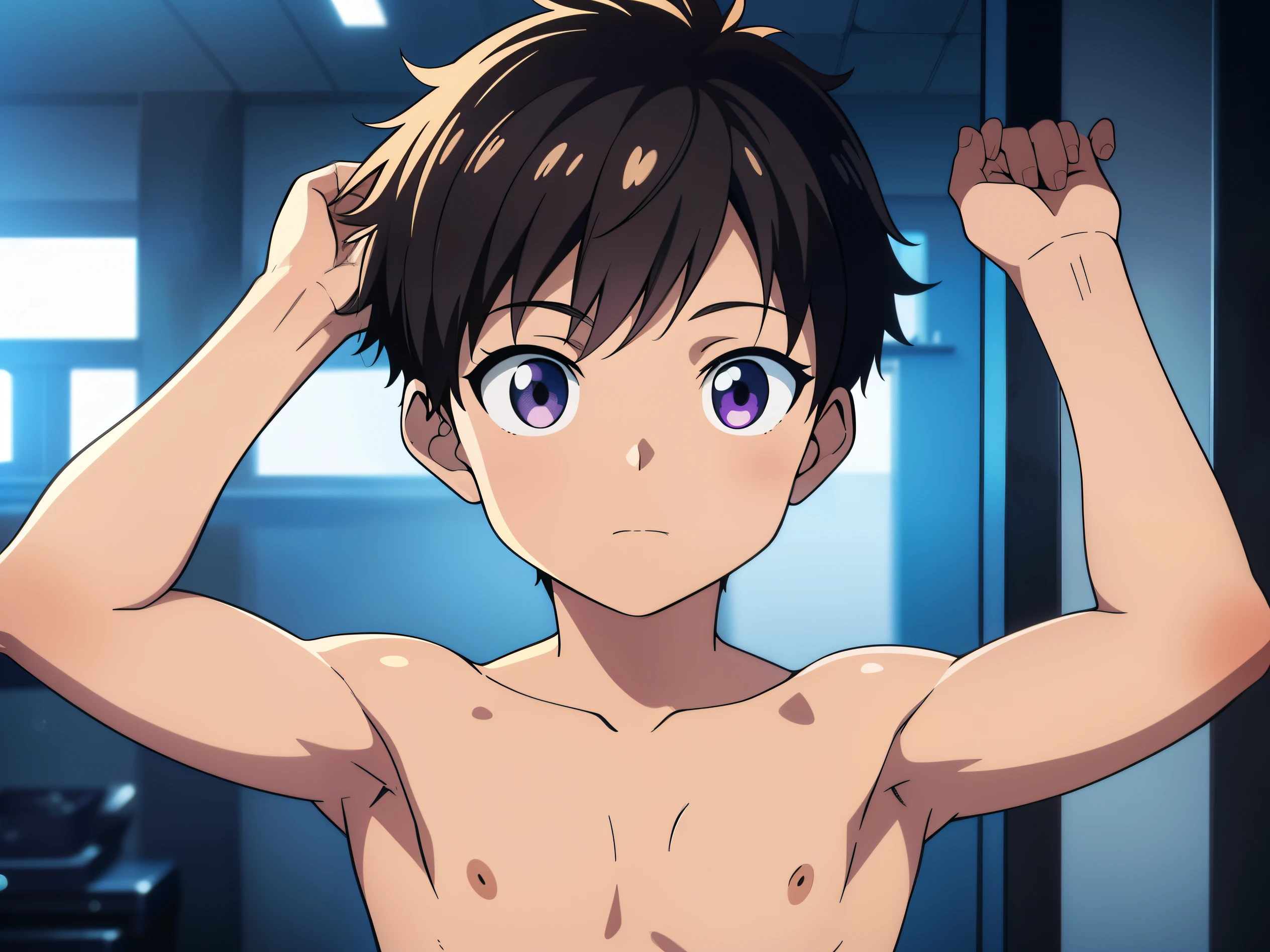 Highres, Masterpiece, Best quality at best,Best Quality,hight quality, hight detailed, Anime style, 1boy, Shota, Young boy, Solo person, Shirtless, Upper body, Seen from the front, looking at viewer, (Very young boy), (very small and short body), boys, (Showing armpit:1.3), Cute boy, Uhd, bokeh, Simpele beckground, 8k, wallpaper, best quality, beautiful lighting, intricate details, masterpiece, detailed, hyper detailed, best quality, ultra high res, high resolution, detailed, raw photo, detailed face, detailed eyes