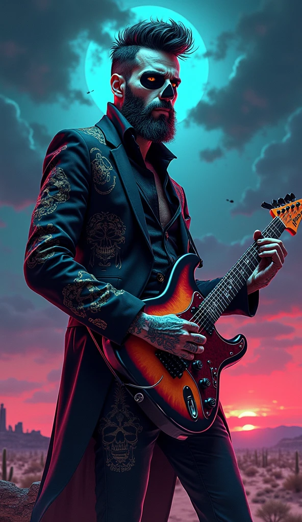 Vibrant illustration of a handsome rocker wearing a black tie suit with skull prints, his face painted like a Day of the Dead skull, a beard, many tattoos, and a trendy haircut, playing electric guitar in a terrifying desert night. A horror image.
Super resolution, high quality, volumetric lighting, and high relief: a work of art.