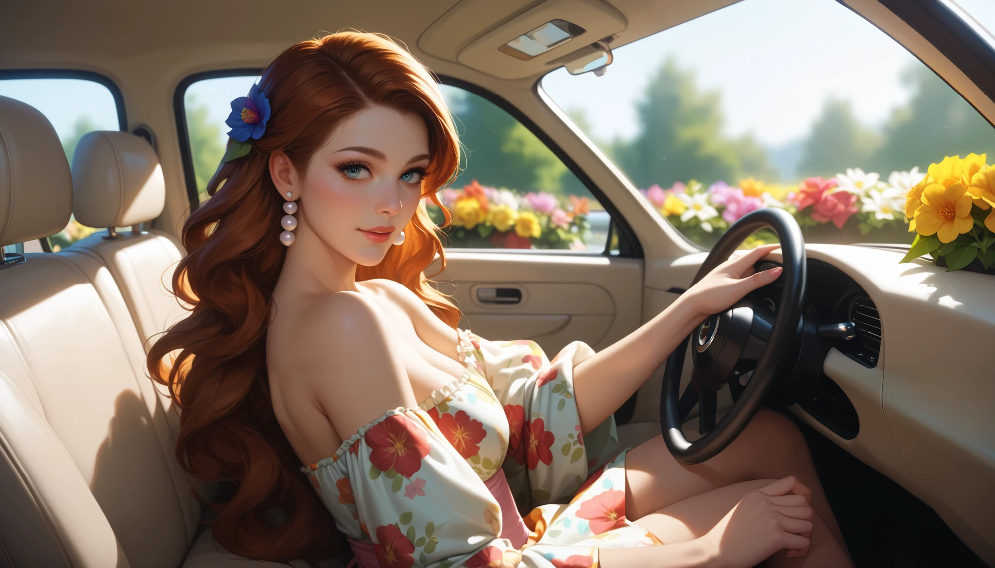 "A woman with soft curls of auburn hair drives a classic car through a flower garden bathed in the golden glow of the setting sun. She’s wearing an off-shoulder floral dress and pearl earrings. The open window reveals vibrant flowers swaying gently in the evening breeze, creating a romantic and serene atmosphere."
