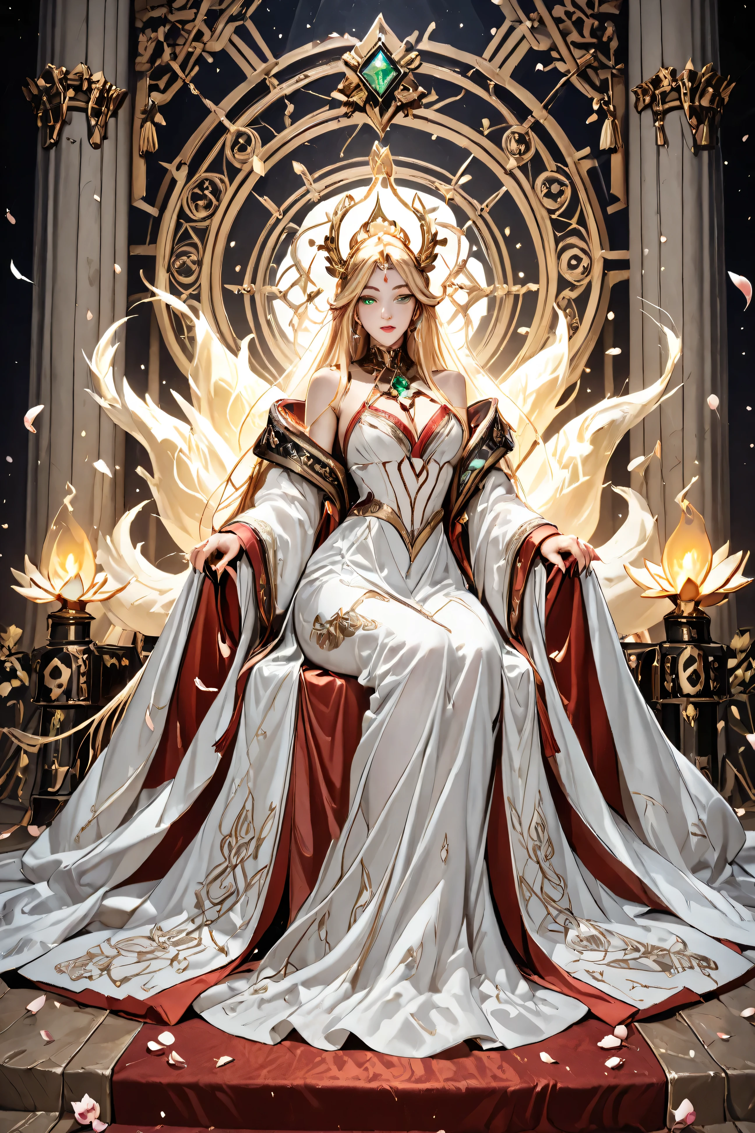 "A strikingly beautiful anthropomorphic fox empress seated on a grand throne within an opulent palace, her nine flowing tails shimmering with a golden glow. Her fur is a luxurious mix of deep crimson and white, with piercing emerald eyes that radiate intelligence and mystery. She wears an elegant, intricately designed silk robe adorned with golden embroidery, shimmering gemstones, and delicate celestial patterns. Her sharp claws rest gracefully on the armrests of her throne, while magical energy swirls around her fingertips, hinting at her immense power. The background is an ethereal mix of glowing lanterns, floating lotus petals, and mystical calligraphy glowing faintly on the palace walls. The scene exudes a regal, enchanting, and slightly otherworldly aura, drawing the viewer into a world of magic and intrigue."