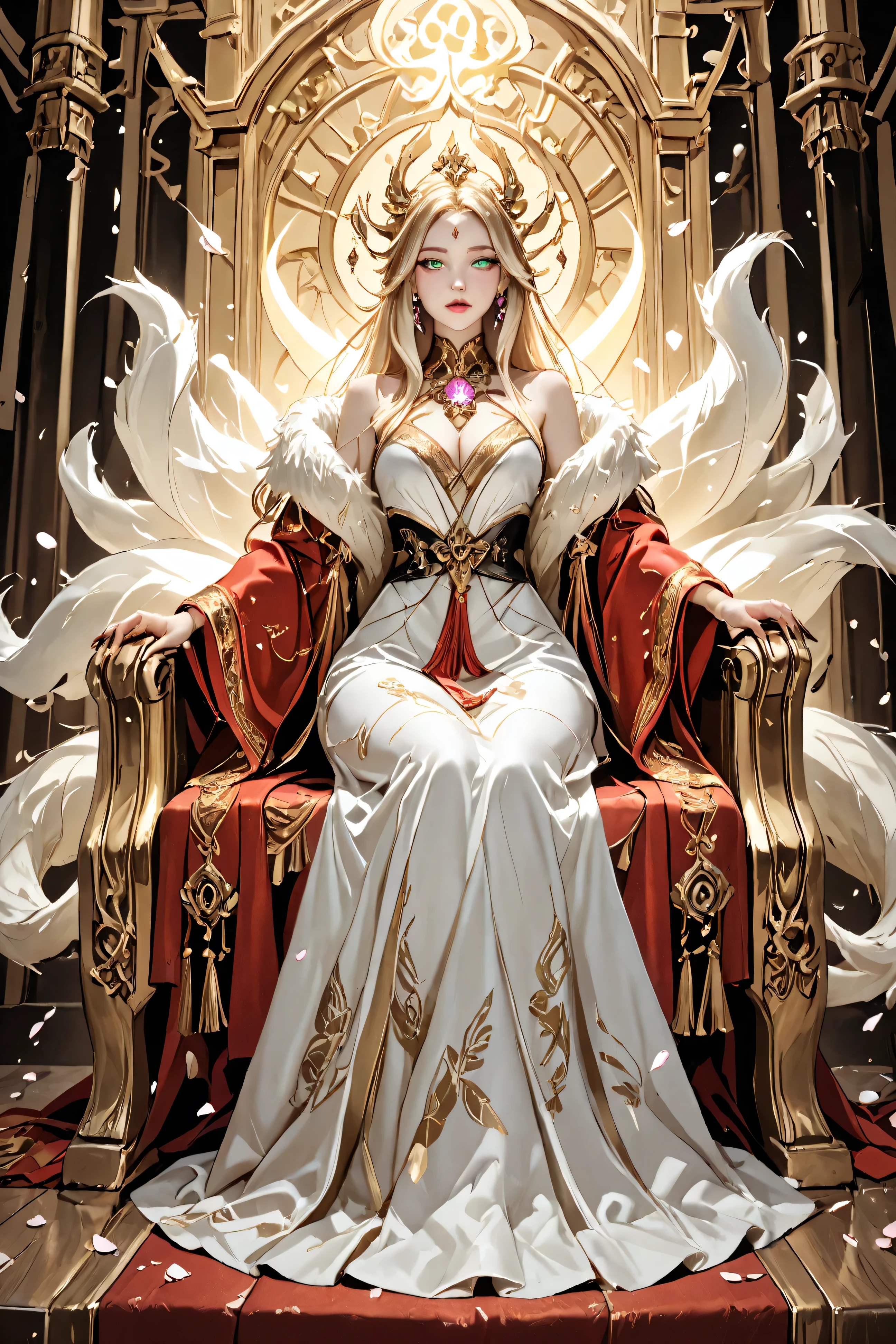 "A strikingly beautiful anthropomorphic fox empress seated on a grand throne within an opulent palace, her nine flowing tails shimmering with a golden glow. Her fur is a luxurious mix of deep crimson and white, with piercing emerald eyes that radiate intelligence and mystery. She wears an elegant, intricately designed silk robe adorned with golden embroidery, shimmering gemstones, and delicate celestial patterns. Her sharp claws rest gracefully on the armrests of her throne, while magical energy swirls around her fingertips, hinting at her immense power. The background is an ethereal mix of glowing lanterns, floating lotus petals, and mystical calligraphy glowing faintly on the palace walls. The scene exudes a regal, enchanting, and slightly otherworldly aura, drawing the viewer into a world of magic and intrigue."