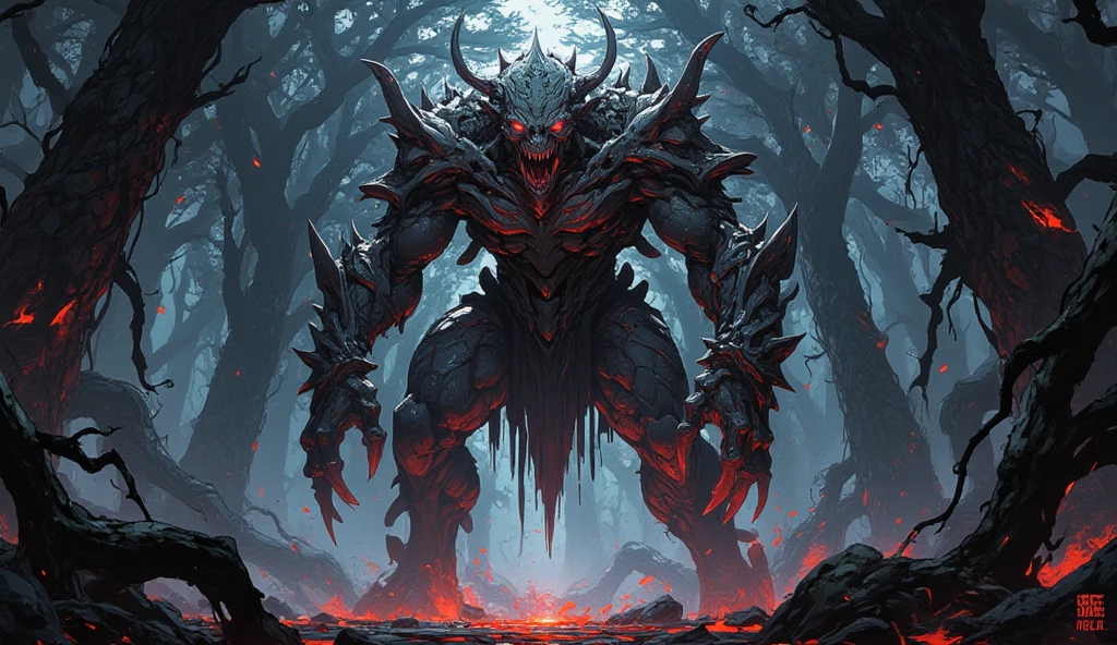 (masterpiece, best quality:1.4), cinematic light, colorful, high contrast, mountain, grass, tree, night, (horror (theme):1.2), (mon(masterpiece, best quality:1.4), (captivating digital art), cinematic lighting, colorful, high contrast, eerie mountain landscape, lush grass, twisted trees, night scene, (horror theme:1.2), (menacing monster:1.2) lurking in shadows, dark atmosphere, blood rain pouring down, blood-red river flowing, haunting blood moon in the sky, chilling and intense visual experiencester:1.2), dark, blood rain, blood river, blood moon