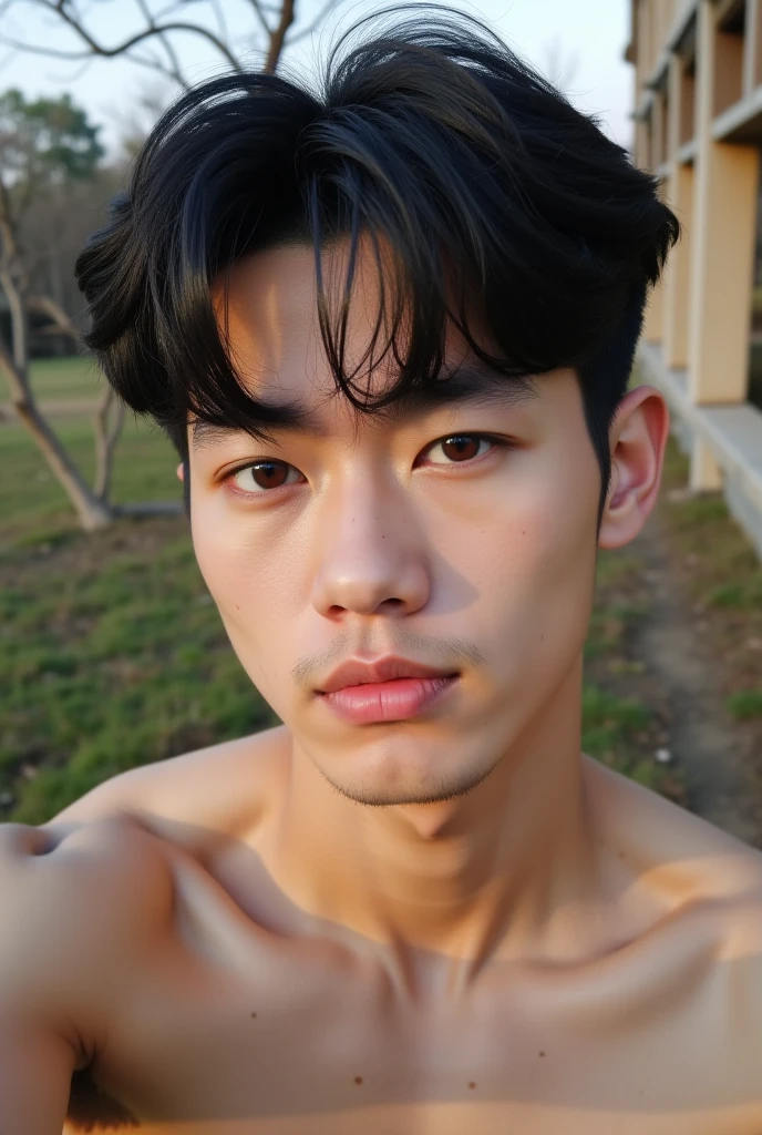 ((best quality)), (detailed), perfect face, HOMEM COREANO, SEM CAMISA, rosto bonito, PEITO MUSCULAR, volume na cueca, protuberance, grande, futurista, Corpo magro, rouco, magro, big nice protuberance, lindo ator coreano, poses sensuais, sensual, blushing red makeup, red lips, white pale skin,