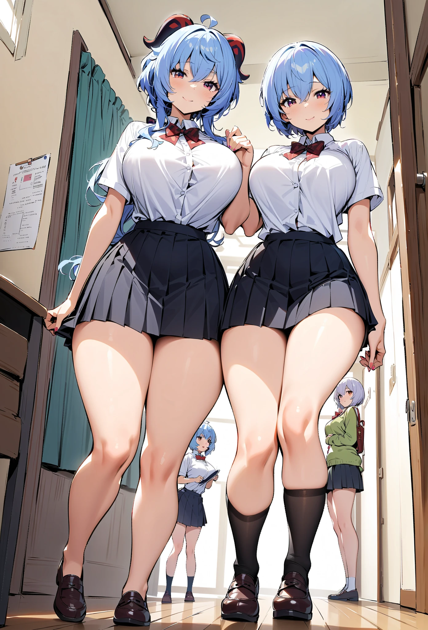 hu_tao(genshin impact), Ayanami Rei,from below,2girls, masterpiece, best quality, highres, JK,huge tit,full body,breasts,looking at viewer,smile,pleated skirt,shirt tucked in,skirt,tented shirt,bowtie,in school
