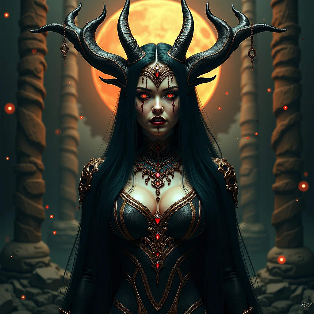 a woman with black hair and red eyes standing in front of a fire, beautiful elegant demon queen, dark fantasy style art, dark goddess with six arms, in style of dark fantasy art, goddess of the underworld, dark fantasy art, woman made of black flames, fantasy dark art, diablo 4 lilith, queen of the underworld, dark fantasy horror art, dark fantasy artwork