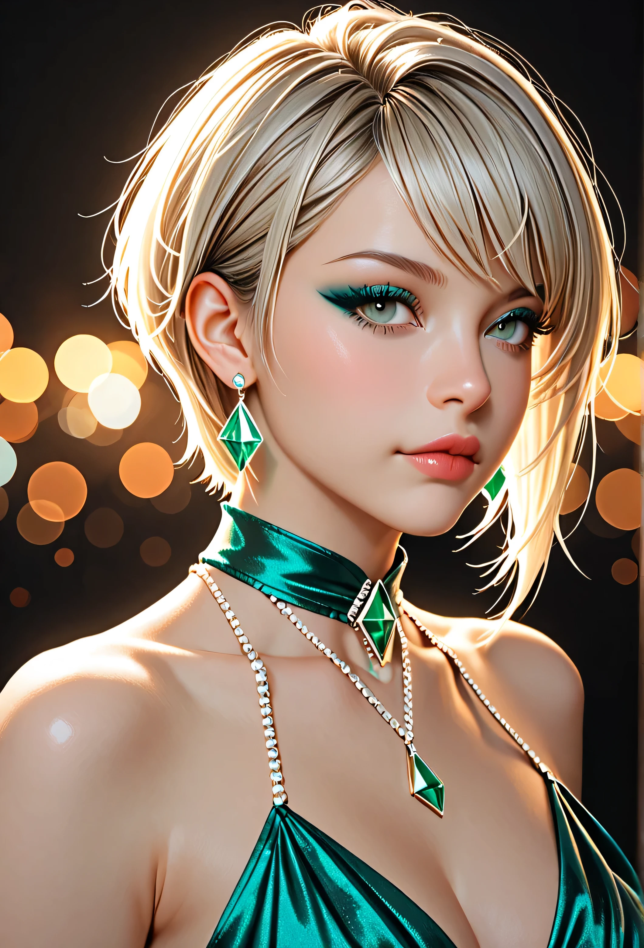"A tall, elegant female model, 30 years old, with a sleek, high-fashion pixie cut in platinum blonde, wearing a modern structured evening gown in deep emerald green with asymmetrical draping and metallic accents, posing in a minimalist studio with soft, diffused LED lighting panels, shot with a Sony FE 85mm f/1.4 GM lens for razor-sharp detail and stunning bokeh, hyper-realistic skin detail, sharp focus on her face and attire, high-definition, photorealistic, 8K resolution, shallow depth of field, modern high-fashion aesthetic, futuristic makeup with holographic highlights."