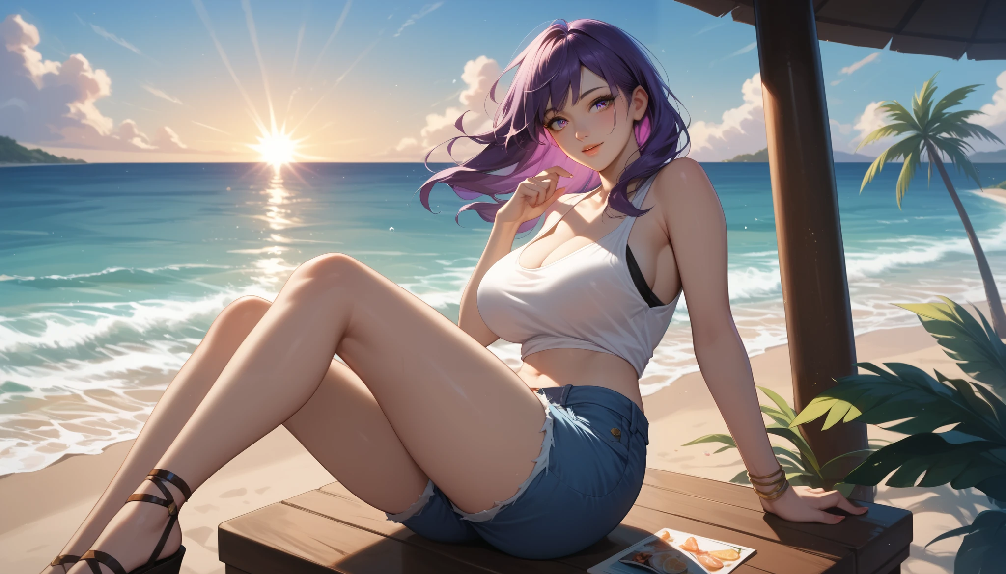 "A girl with a nice body and nice breasts sits in an open-air café by the beach, her purple hair glowing under the golden sunlight. Her perfect eyes gaze out at the ocean as she sips a tropical smoothie, dressed in a light tank top and denim shorts. The cinematic view captures the sparkling waves, swaying palm trees, and her serene demeanor, creating a perfect coastal escape."