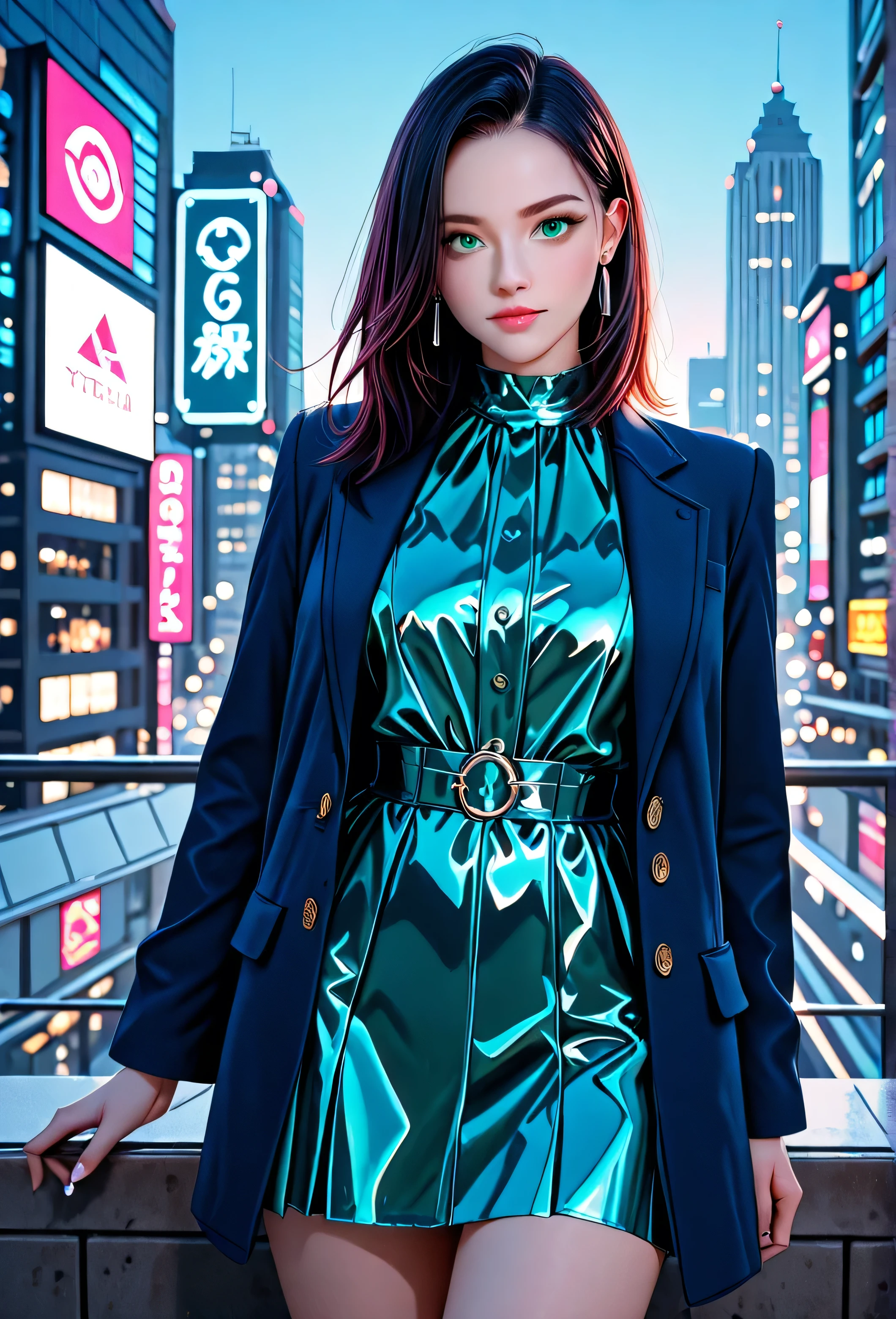 "A stunning female model, 25 years old, with long, sleek, straight dark hair, flawless porcelain skin, and piercing green eyes, wearing a modern avant-garde oversized blazer dress in metallic silver with sharp geometric cuts, posing confidently on a futuristic city rooftop at dusk, shot with a Canon RF 50mm f/1.2L USM lens for unparalleled sharpness and creamy bokeh, cinematic lighting with neon reflections, hyper-realistic, ultra-detailed textures, high-definition, vibrant modern color palette, urban skyline background with holographic billboards, editorial fashion photography style, dynamic low-angle composition, 8K resolution, modern high-fashion aesthetic."