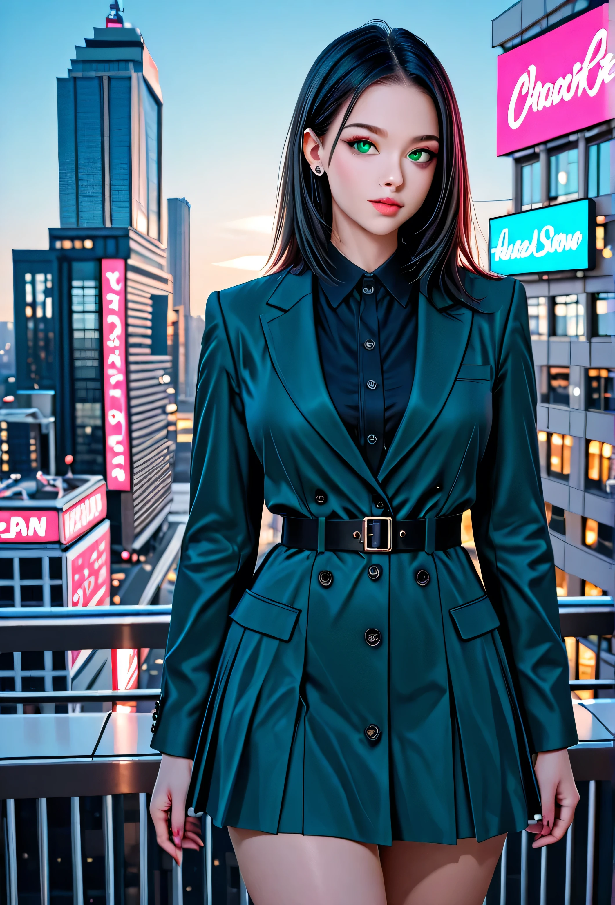 "A stunning female model, 25 years old, with long, sleek, straight dark hair, flawless porcelain skin, and piercing green eyes, wearing a modern avant-garde oversized blazer dress in metallic silver with sharp geometric cuts, posing confidently on a futuristic city rooftop at dusk, shot with a Canon RF 50mm f/1.2L USM lens for unparalleled sharpness and creamy bokeh, cinematic lighting with neon reflections, hyper-realistic, ultra-detailed textures, high-definition, vibrant modern color palette, urban skyline background with holographic billboards, editorial fashion photography style, dynamic low-angle composition, 8K resolution, modern high-fashion aesthetic."