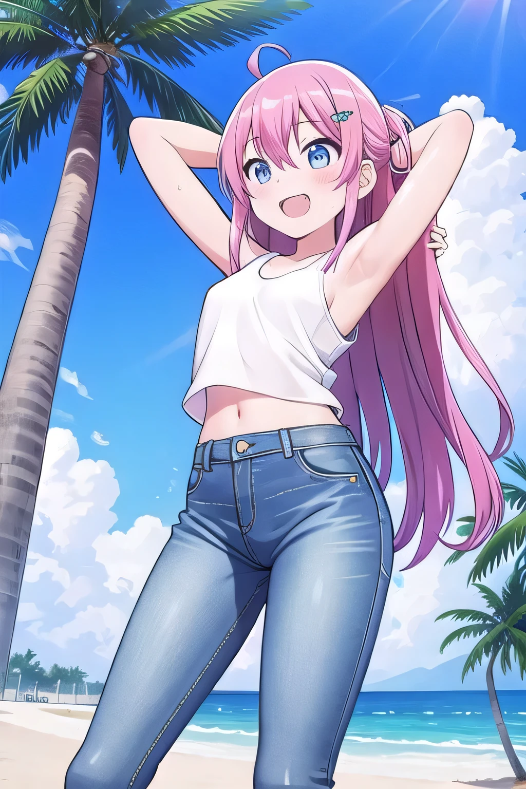 masterpiece, best quality, ultra detail, ((Perfect Face, perfect eyes, perfect hair, perfect arm)), 1girl, , petite, ((round face, ecstasy, orgasm face, drooping eyes, shame smiling, blush)), dropping eyes, sleepy, Open mouth, ((White teeth)), background((under the beach, (day:1.2), palm tree, bright sky)), miku hatsune, ahoge, blue eyes, (pink hair:1.2), crossed bangs, hair between eyes, hair ornament, (long hair:1.2), (straight hair:1.7), ((arms behind head, hands behind head, fingers behind head)), ((contrapposto)), spread armpits, looking at viewer, (white tank top:1.2), (white crop top:1.2), (jeans pants:1.2, flares jeans:1.2, skinny jeans:1.2, blue jeans:1.2), standing, (legs spread:1.4), sex pose, Sweaty crotch, Steam from the crotch, from below, whole body
