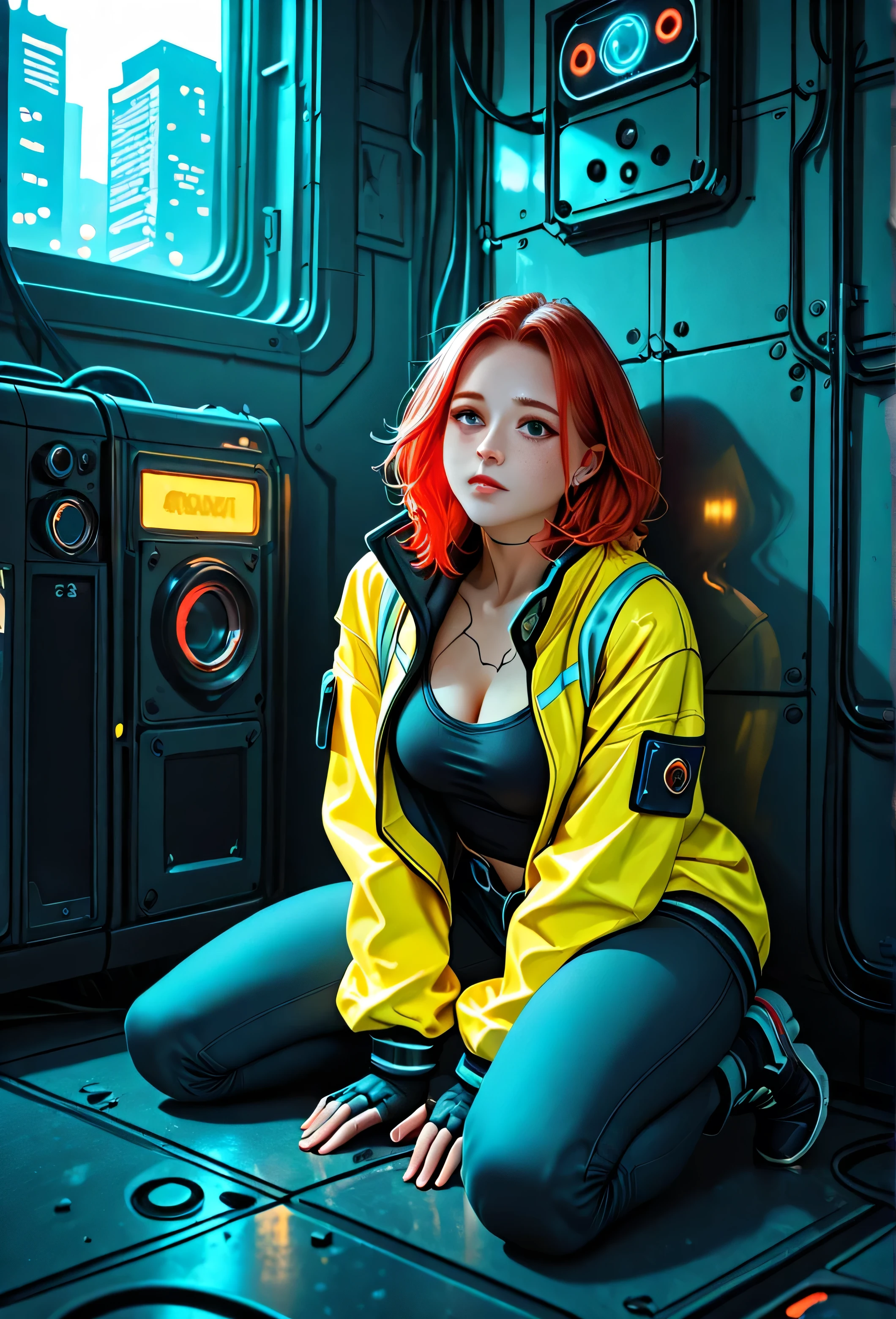 Sigma 105mm f/1.4 DG HSM Art: Known as the “bokeh master,” this lens is ideal for dramatic portraits and sci-fi settings with sharp foregrounds and blurred backgrounds. modelshoot style, (extremely detailed CG unity 8k wallpaper), full shot body photo of 20 y.o. scottish girl,red hair, beautiful face, perfect face, (Freckles), cyberpunk room, screens on wall,(((detailed face))), ((kneeling on a ground in a cyberpunk room)), ((window with cyberpunk city sceen backgound)),finely detailed skin, (cinematic lighting), morning, soft lighting, dynamic angle, (detailed face:1), dark yellow jacket, , cleavage, full body,