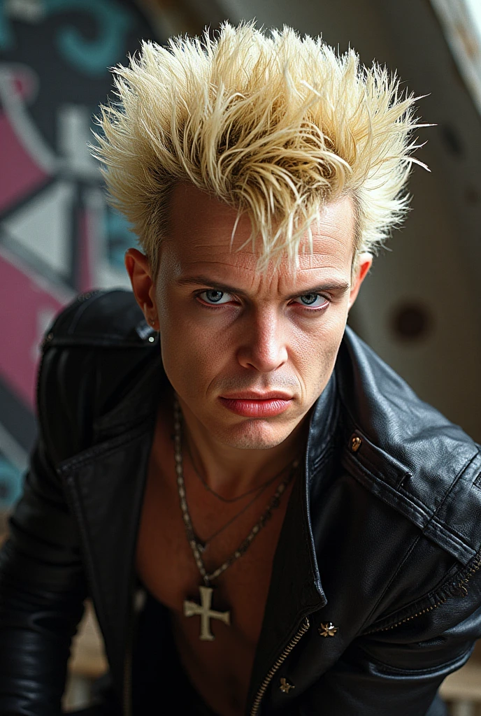 (bbest quality,4k,8k,highres,masterpiece:1.2),realistic,angry white-haired man with red eyes,wearing cargo pants and a closed leather jacket,faux hawk hairstyle,serious expression,moody lighting,sharp focus,detailed facial features,texture of leather jacket,wrinkles around the eyes and forehead,vivid colors