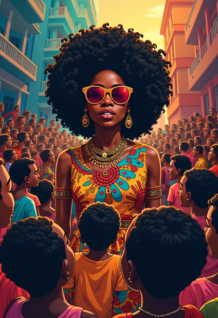 A Brazilian woman with curly hair in lgbt colors in focus, with a white stripe over the eyes, in the background on the right side men from the 20th century in Brazil, on the left side LGBT people 