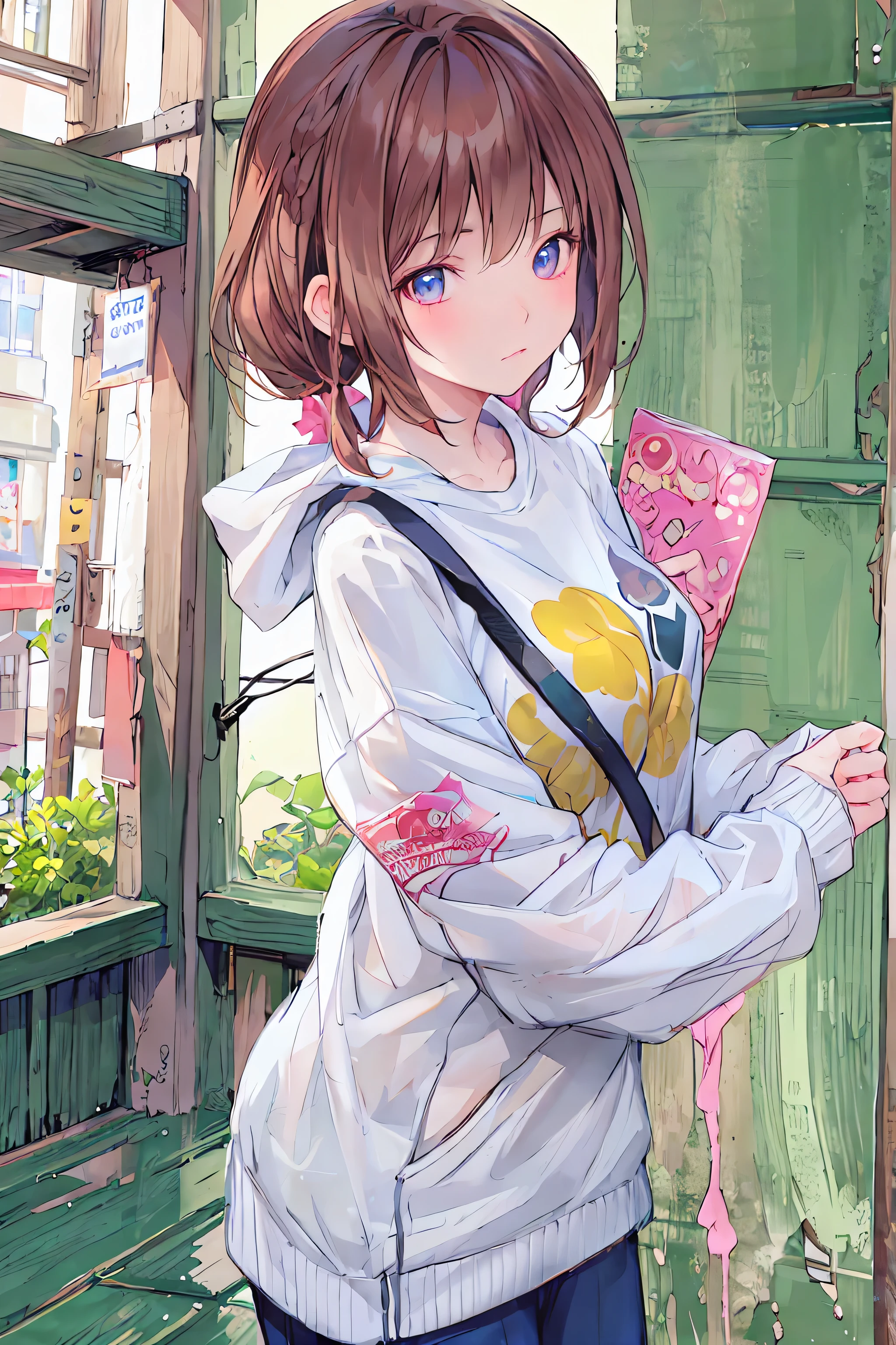 1.5, best quality, high quality, high resolution, high qualityテクスチャ, high detail,  beautiful detailed ,  detailed , extremely detailed CG, detailed texture, 1 girl with an Oracle, Escape, woman, (()),  young, brown hair, long ponytail, casual wear, , solid color t-shirt, freckle, indoors