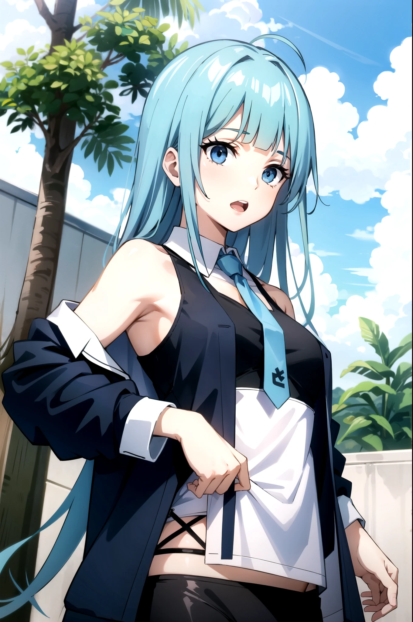 tall body, tall, Long Legs,  mature female,  mature, aldult, _jjk_sugar cane, 1 Girl, Blue Hair, alone, tie,  long hair, watching the audience, blue eyes, Sexy swimsuit,  shirt, Anime coloring , white , Tree,  outdoors, upper body,  bangs,  open mouth , black jacket, blunt  bangs, sky, collared 