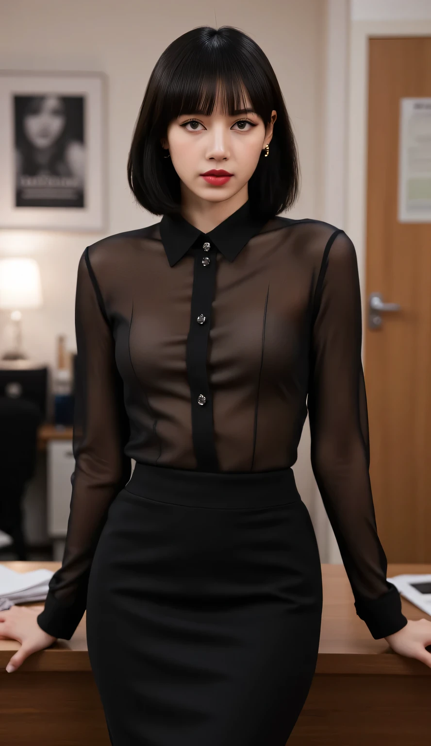 a woman, standing in the office, visible whole body facing front, use a transparent black formal shirt, black short formal skirt, big boobs, red lips, seductive face, short dark hair
