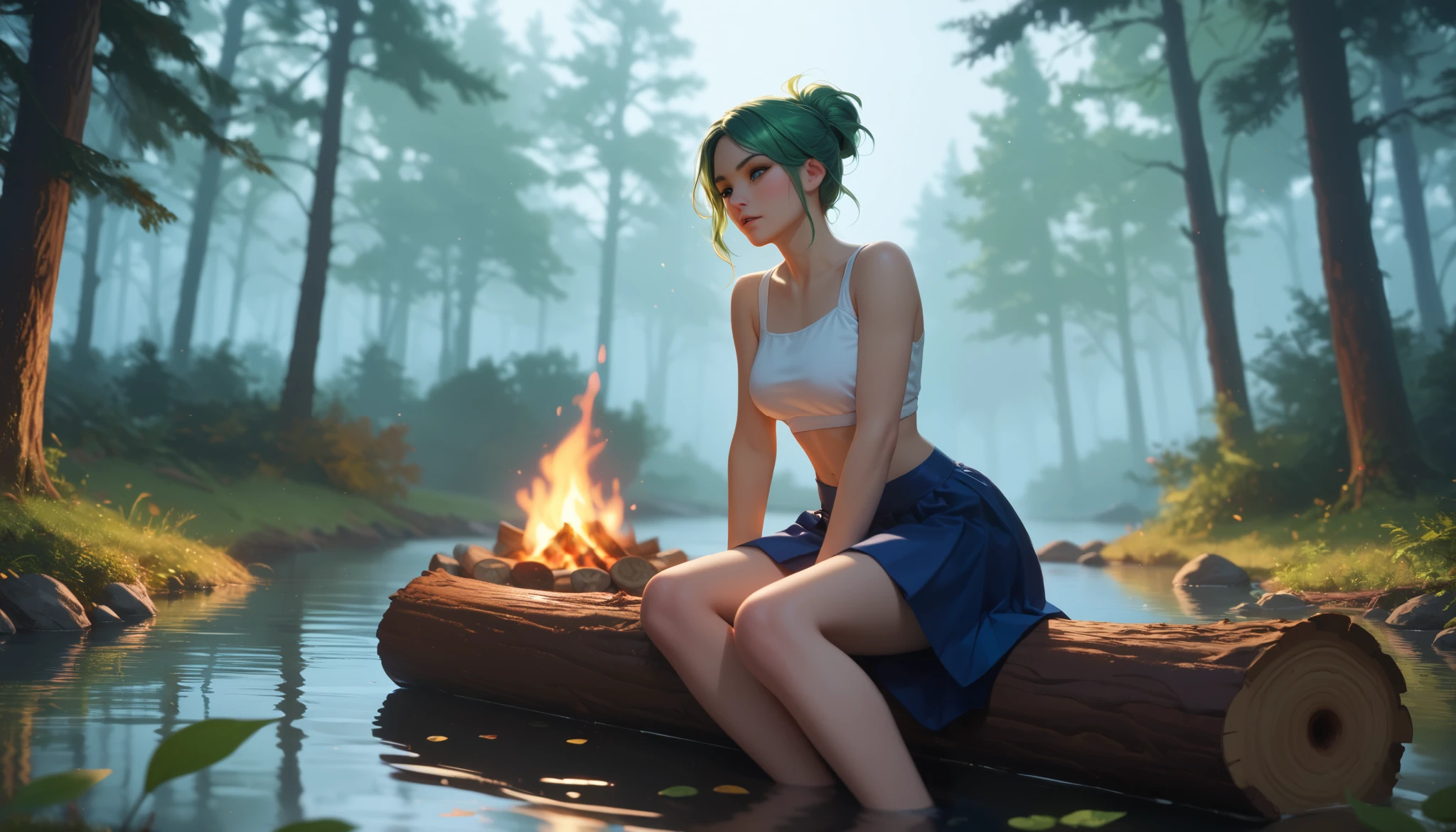 brown two tone green hair , beautiful asian thic 2 lady , big lips , glasses without frame , wearing violet halter strap top , mint green bolero jacket and mint green pleated mini skirt , background night firecamp
