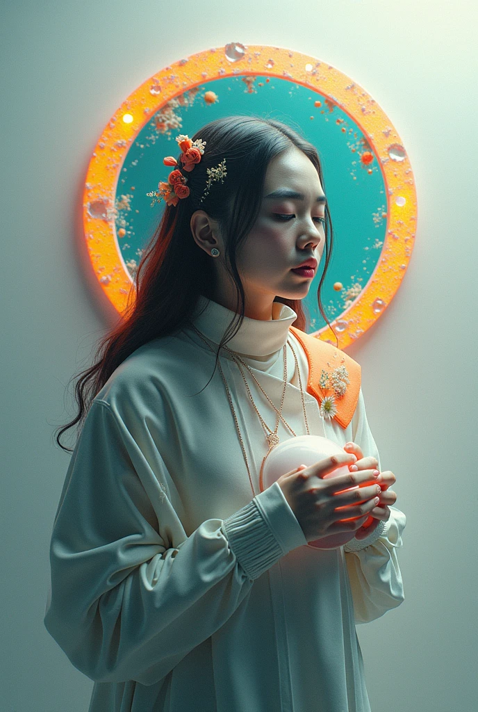 (Psychedelic Art:1.5), (Watch from below:1.2),rabbit,personification,Large color blocks,White,blue, Upper Body, There are flowers,