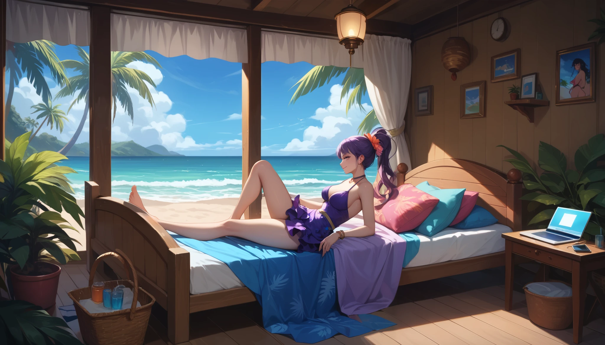 "A woman working on her laptop late at night in a tropical beach hut. She is wearing a breezy purple mini dress, with the sound of waves and lofi music blending together. The room is lit by a single lantern, and the open window reveals moonlit palm trees and the ocean beyond. Shot in 16:9 from the side, showcasing her full body and the tranquil tropical vibe."