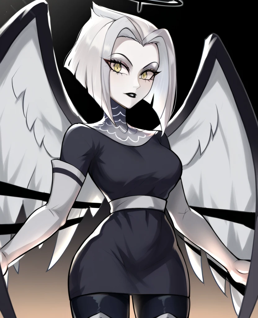 Barbie style CARTOON sexy intimidating look short white hair brown eyes white skin with white angel wings with two black lines in the middle and a long-sleeved gray dress, black boots