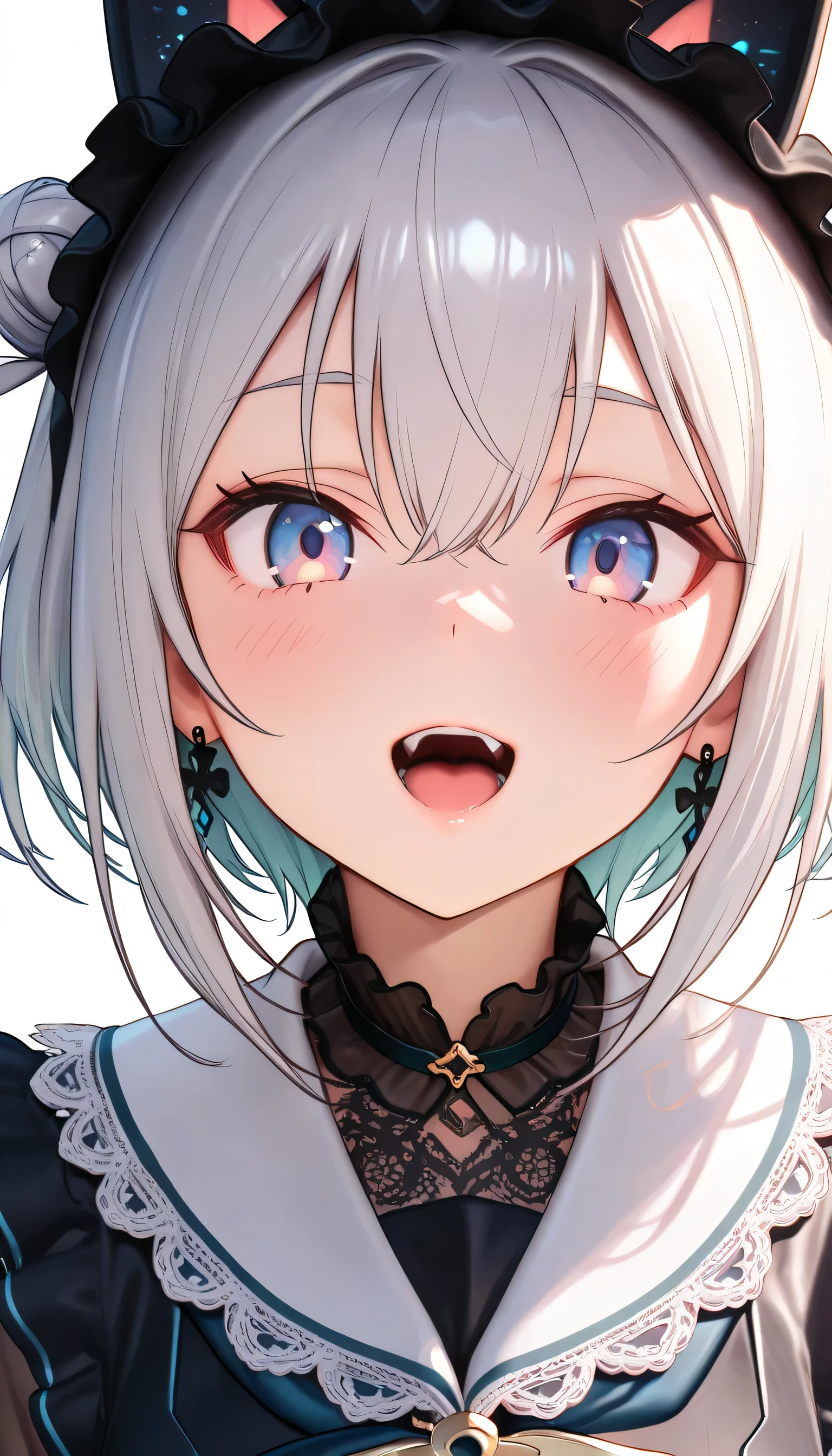 ( ultra detail, masterpiece , top quality, 8k, SO BEAUTIFUL, realistic and detailed CG , sharp concentration in the center , super fine), close-up,zoom up,cute woman, (Cat costume) beautiful eye detail, textured skin, beautiful skin, long eyelashes, Colored eyes, abstract pattern), ( Beautiful hair with attention to detail , blunt bang , bun haircut , light silver hair ), (Bizarre smile, thin lips,open your mouth ), Glass,press your cheeks and hands against Glass,Peek,下から上をPeek視線