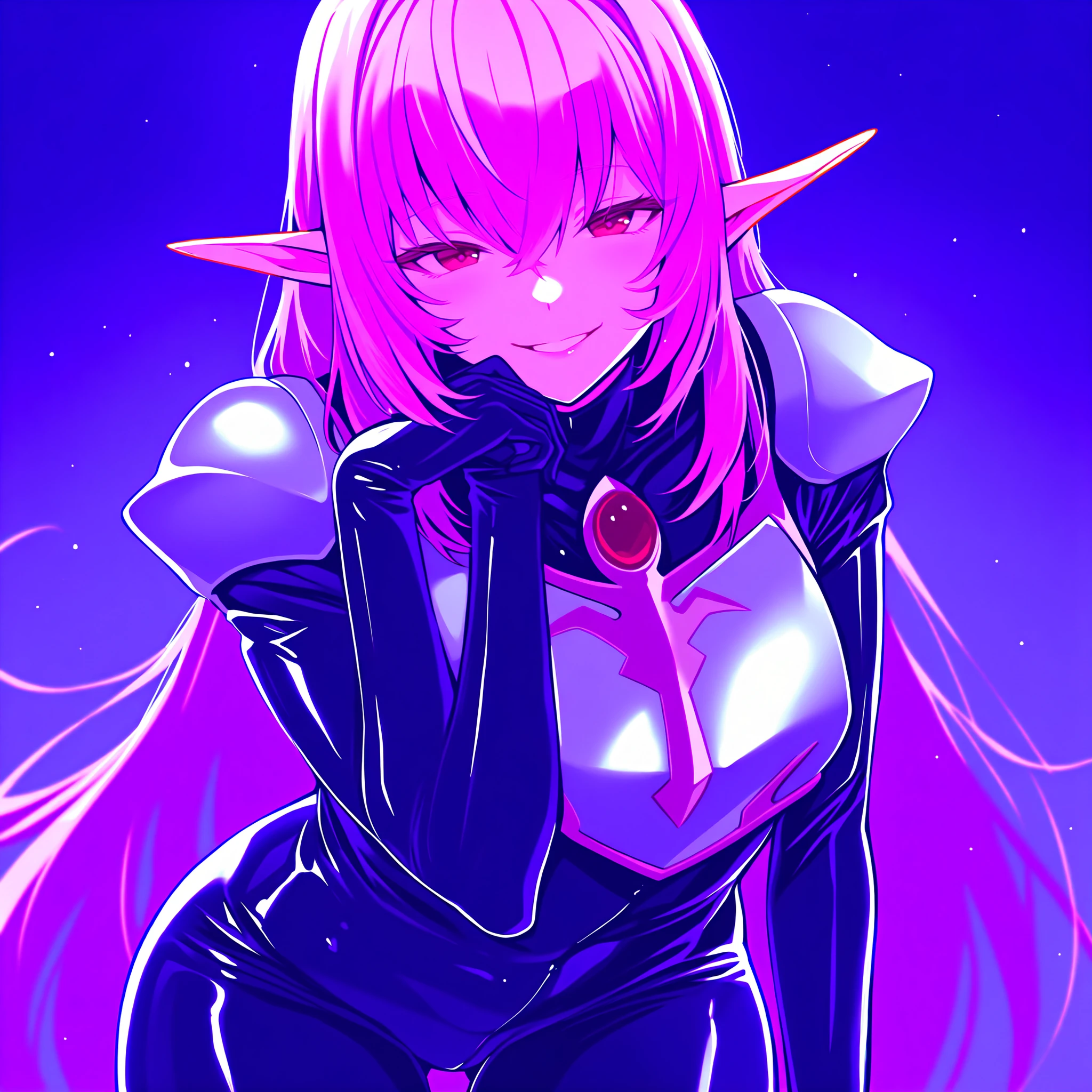 masterpiece, high resolution, Alone, Shiny Clothes, new, black latex bodysuit, silver breastplate, Shoulder rest, very long hair, pink hair near MM, pointy ears, red eyes, Cruel smile