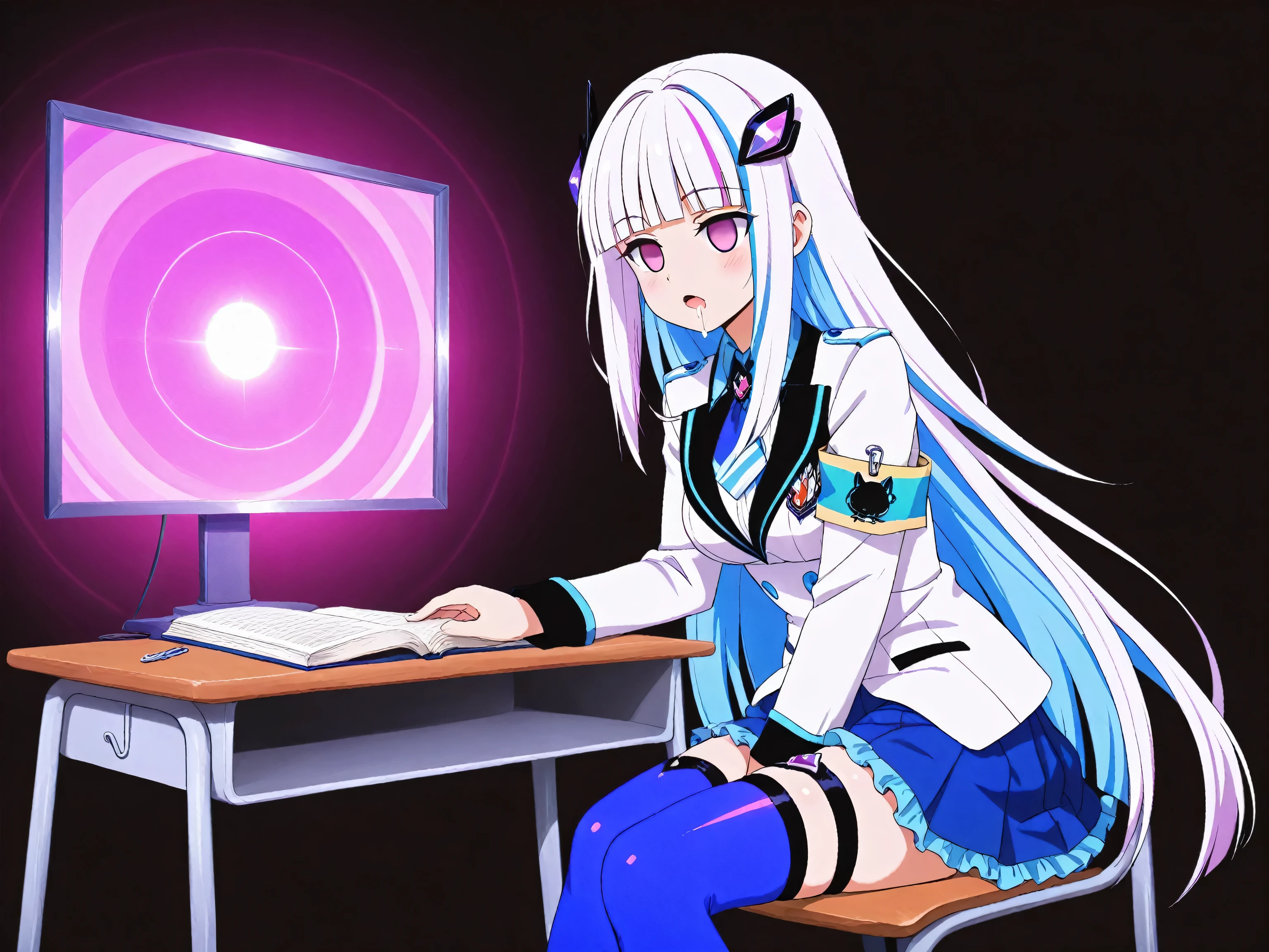 the book's pages emit a bright, radiant purple light, acting as the primary light source in the scene, glowing page, looking at the book, woman, sitting on a chair at a desk, dark room, very long hair, white hair, dull purple eyes, no light, mesmerized, deep trance state, empty eyes, unfocused eyes, completely limp body, blank expression, slightly open mouth, drooling, flushed cheeks, hypnotized by the book's glowing light, falling deeper under its control, strong purple reflections cast onto the desk and surroundings, anime style, black background, a book on the desk, blue hair, multicolored hair, two-tone hair, colored inner hair, blunt bangs, long hair, hair ornament, safety pin, white shirt, white jacket, long sleeves, armband, pleated skirt, blue skirt, frilled skirt, thigh strap, blue thighhighs, NSFW, medium breasts, left hand masturbation