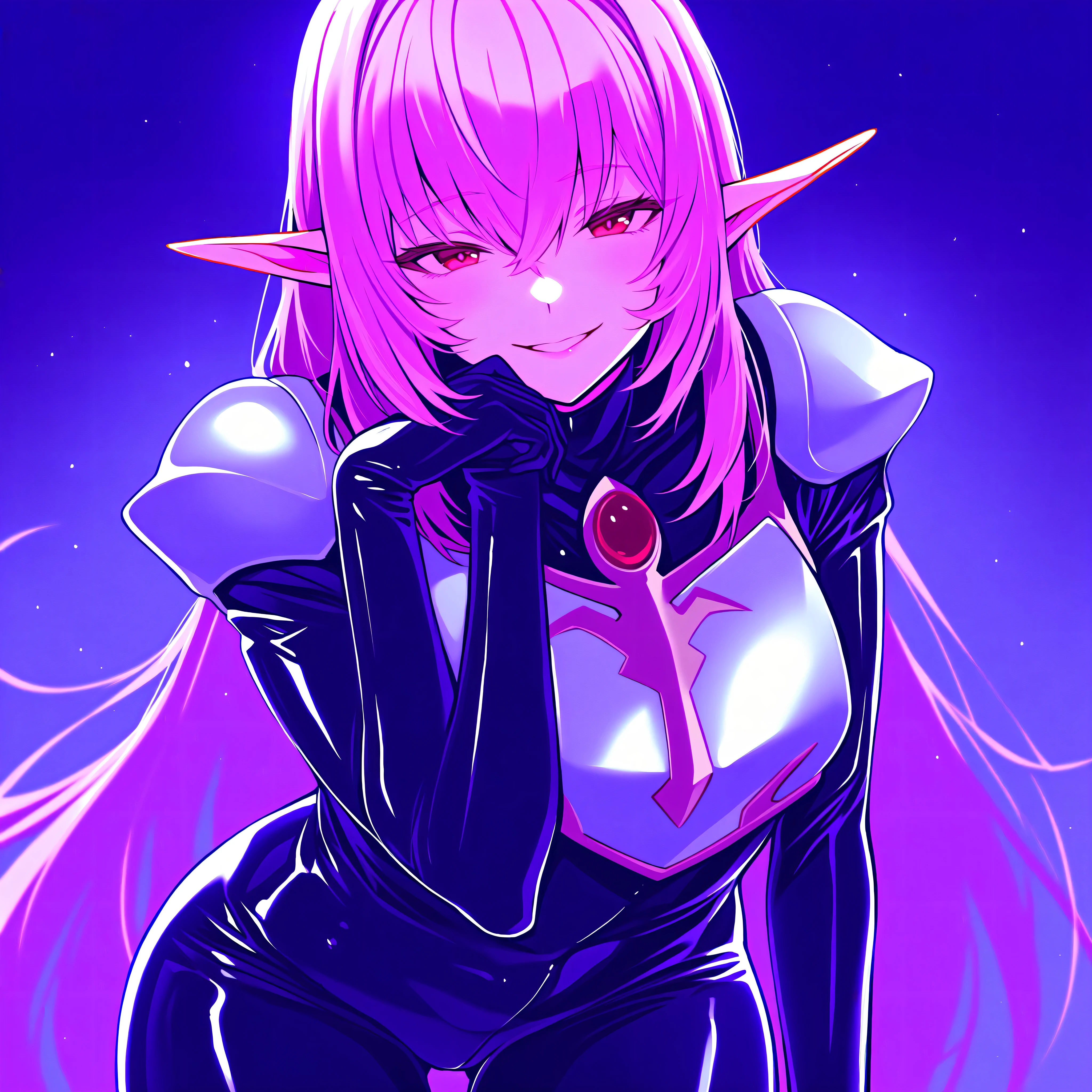masterpiece, High Resolution, Alone, Shiny Clothes, new, black latex bodysuit, silver breastplate, Shoulder rest, very long hair, pink hair near MM, pointed ears, Red Eyes, Cruel smile