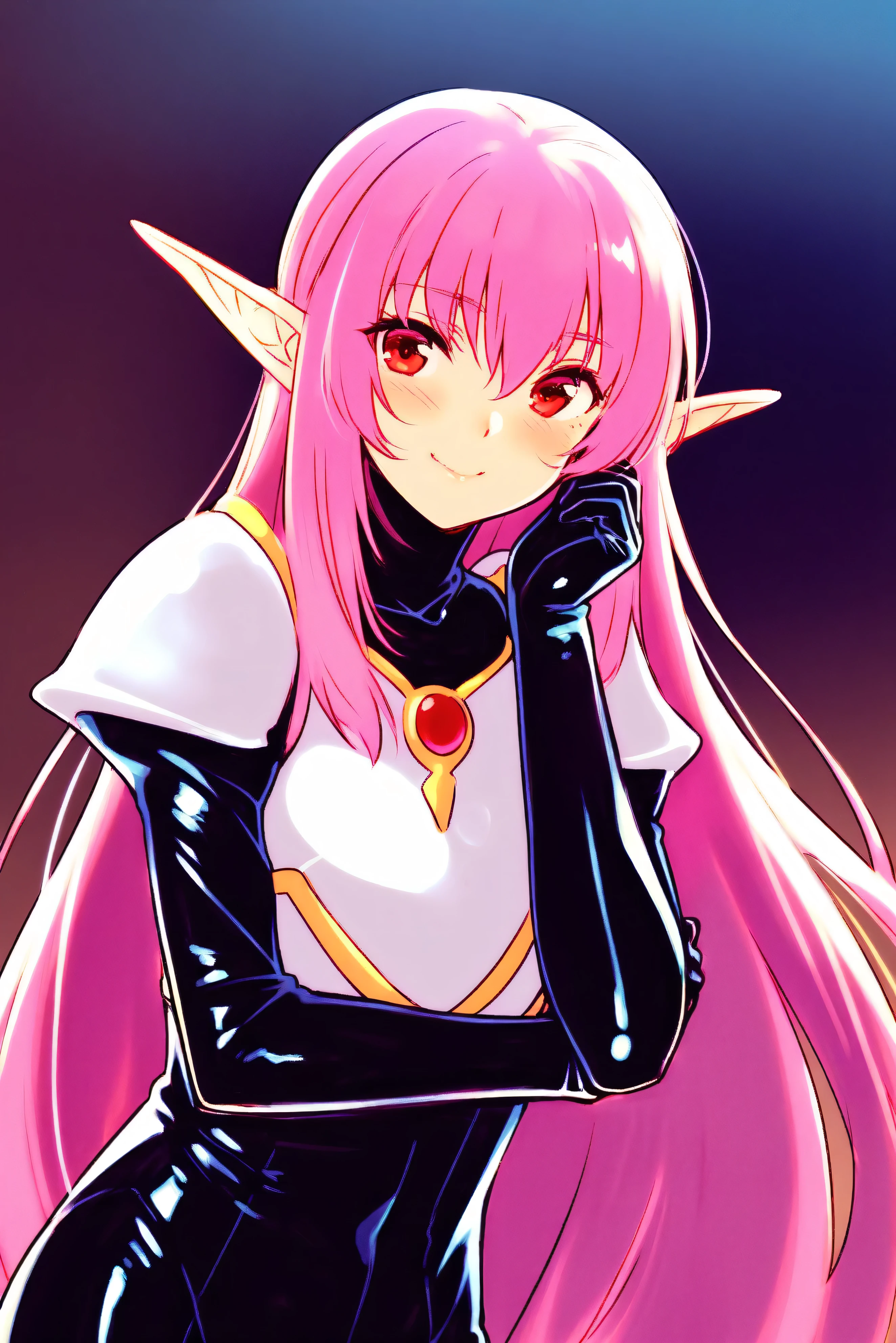 masterpiece, High Resolution, Alone, Shiny Clothes, new, black latex bodysuit, silver breastplate, Shoulder rest, very long hair, pink hair near MM, pointed ears, Red Eyes, Cruel smile