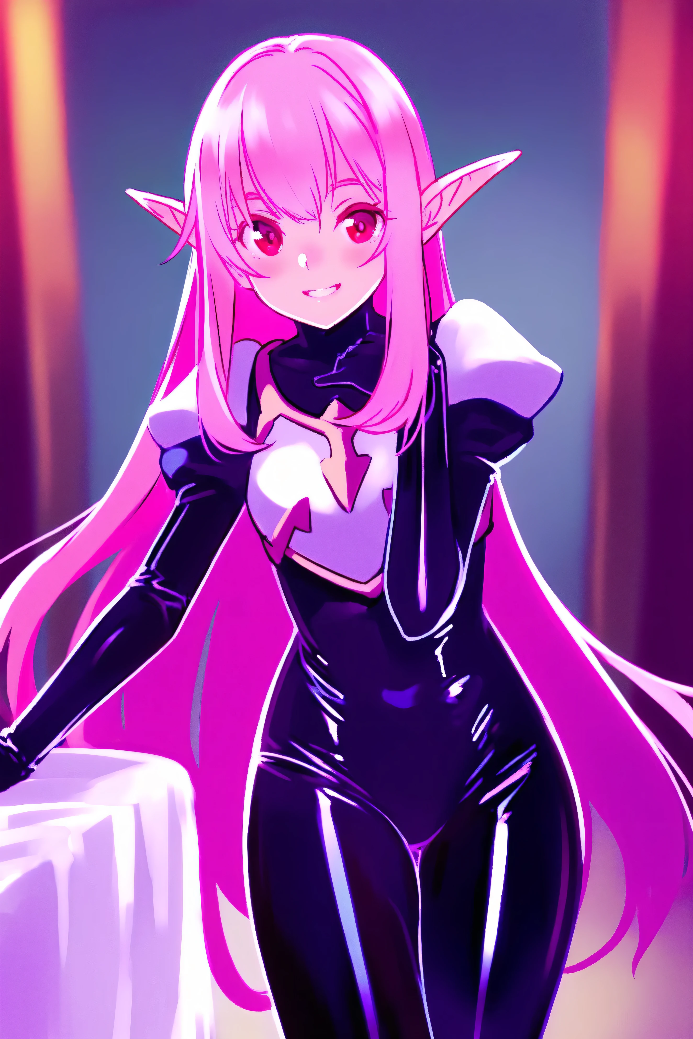masterpiece, High Resolution, Alone, Shiny Clothes, new, black latex bodysuit, silver breastplate, Shoulder rest, very long hair, pink hair near MM, pointed ears, Red Eyes, Cruel smile