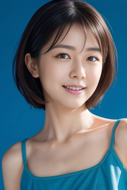 Professional director, Professional Lighting, (Highest quality,128k,masterpiece), Japanese Model, White beautiful skin, clavicle, Ultra HD, (Photorealistic:1.1), RAW Photo, One Girl, Blue Background, Black brown hair, Completely naked, Standing, Standing全身, Smile, Standing全身写真, Big Breasts, Very beautiful face, Very big breasts and big eyes