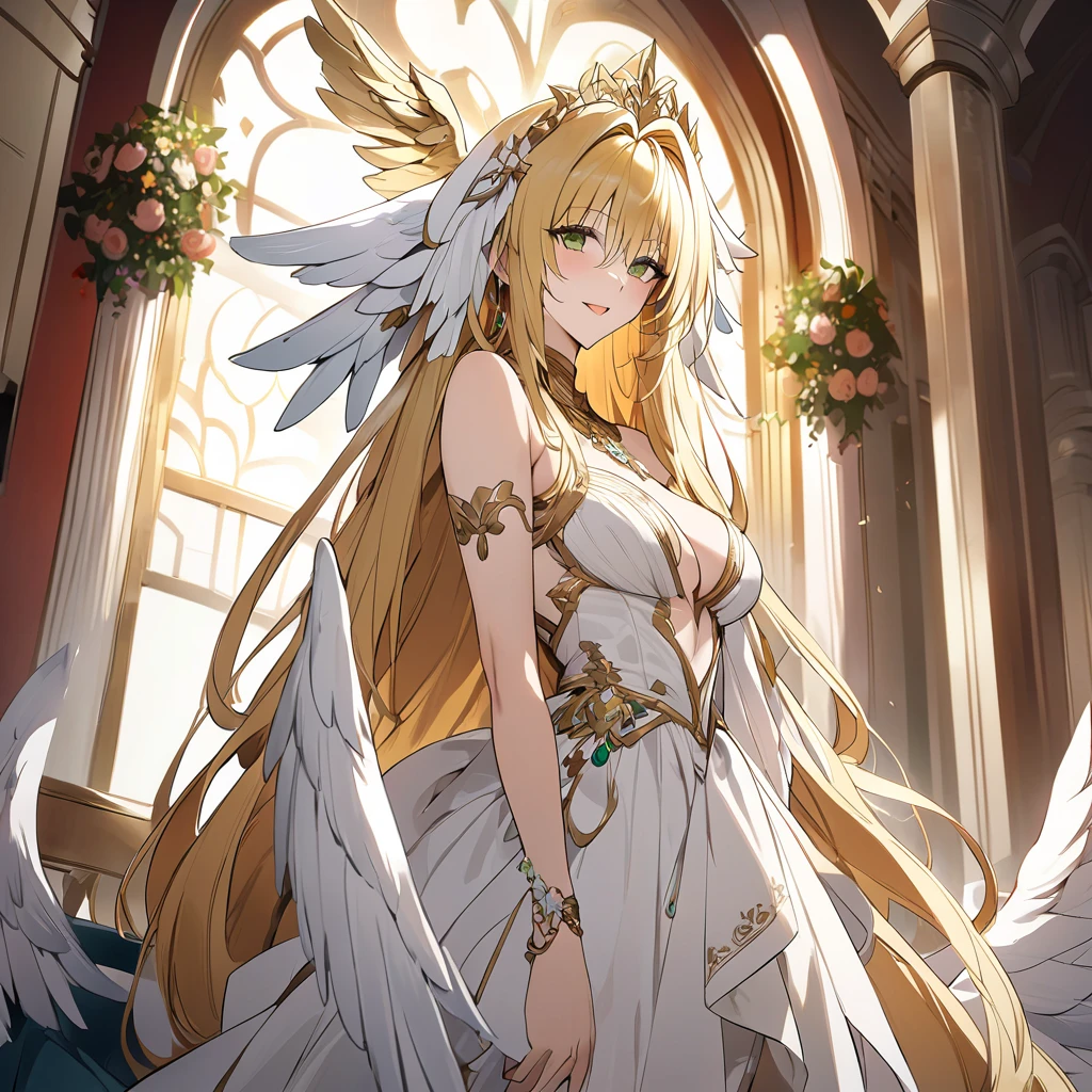 ((Highest quality)), ((masterpiece)), (detailed), (Perfect Face)、The woman is Hera, the Greek goddess, a magnificent and large angel.6An archangel and god with wings and a shining halo above his head.々Goddess Tiara, wife of Zeus, king of the gods, and queen of the sacred gods.、The woman was the beautiful goddess Goddess Tiare, queen of the one and only god Zeus, with green eyes and medium-long blonde hair. She was wearing a pure white vintage wedding dress with gorgeous gold embroidery and trim, a gorgeous vintage wedding veil, gorgeous jewelry and decorations, an engagement ring, and gorgeous accessories. She was an elegant goddess, the graceful, beautiful, sacred goddess and queen Goddess Tiare.