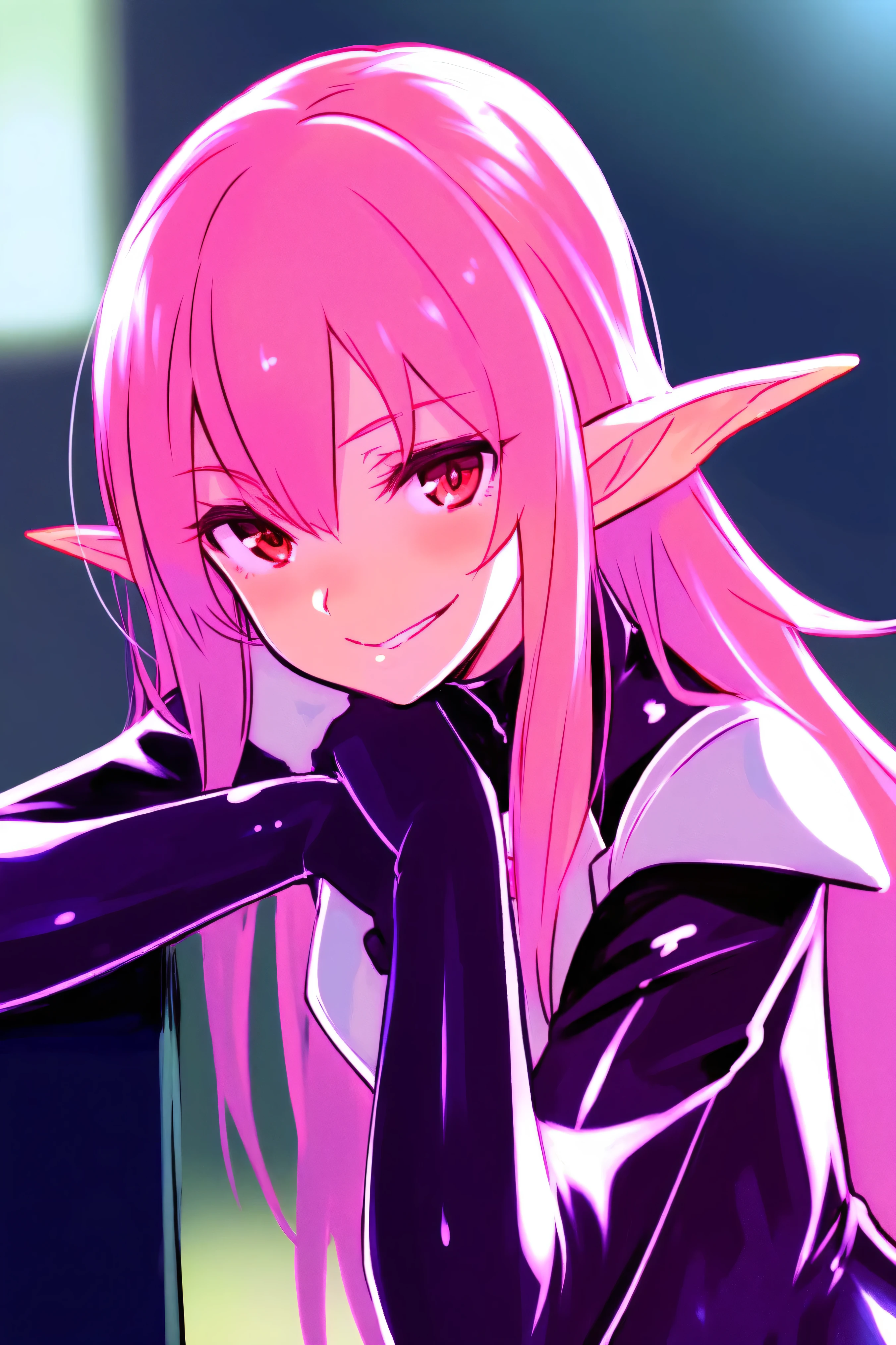 masterpiece, High Resolution, Alone, Shiny Clothes, new, black latex bodysuit, silver breastplate, Shoulder rest, very long hair, pink hair near MM, pointed ears, Red Eyes, Cruel smile,evil smile