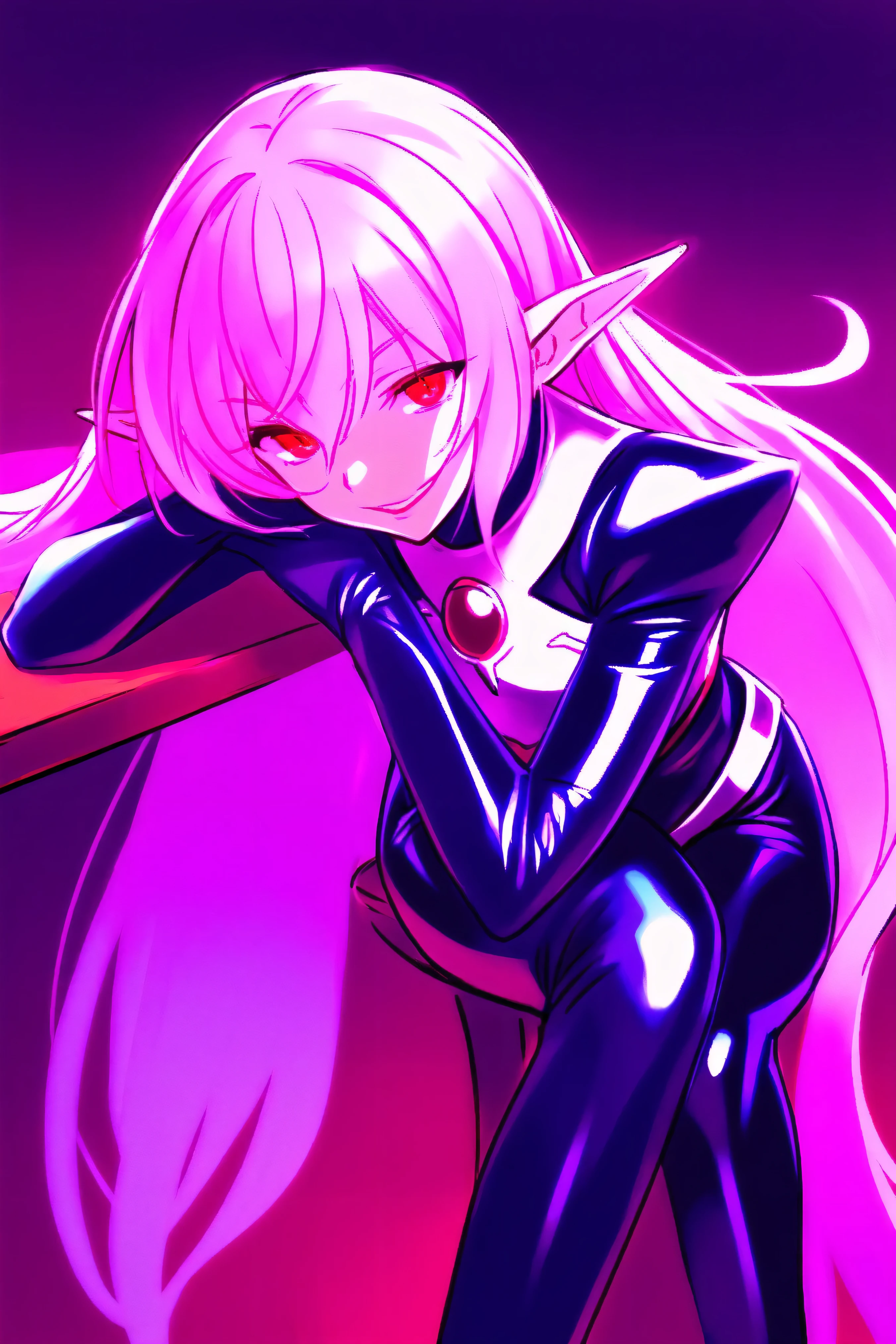 masterpiece, High Resolution, Alone, Shiny Clothes, new, black latex bodysuit, silver breastplate, Shoulder rest, very long hair, pink hair near MM, pointed ears, Red Eyes, Cruel smile,evil smile