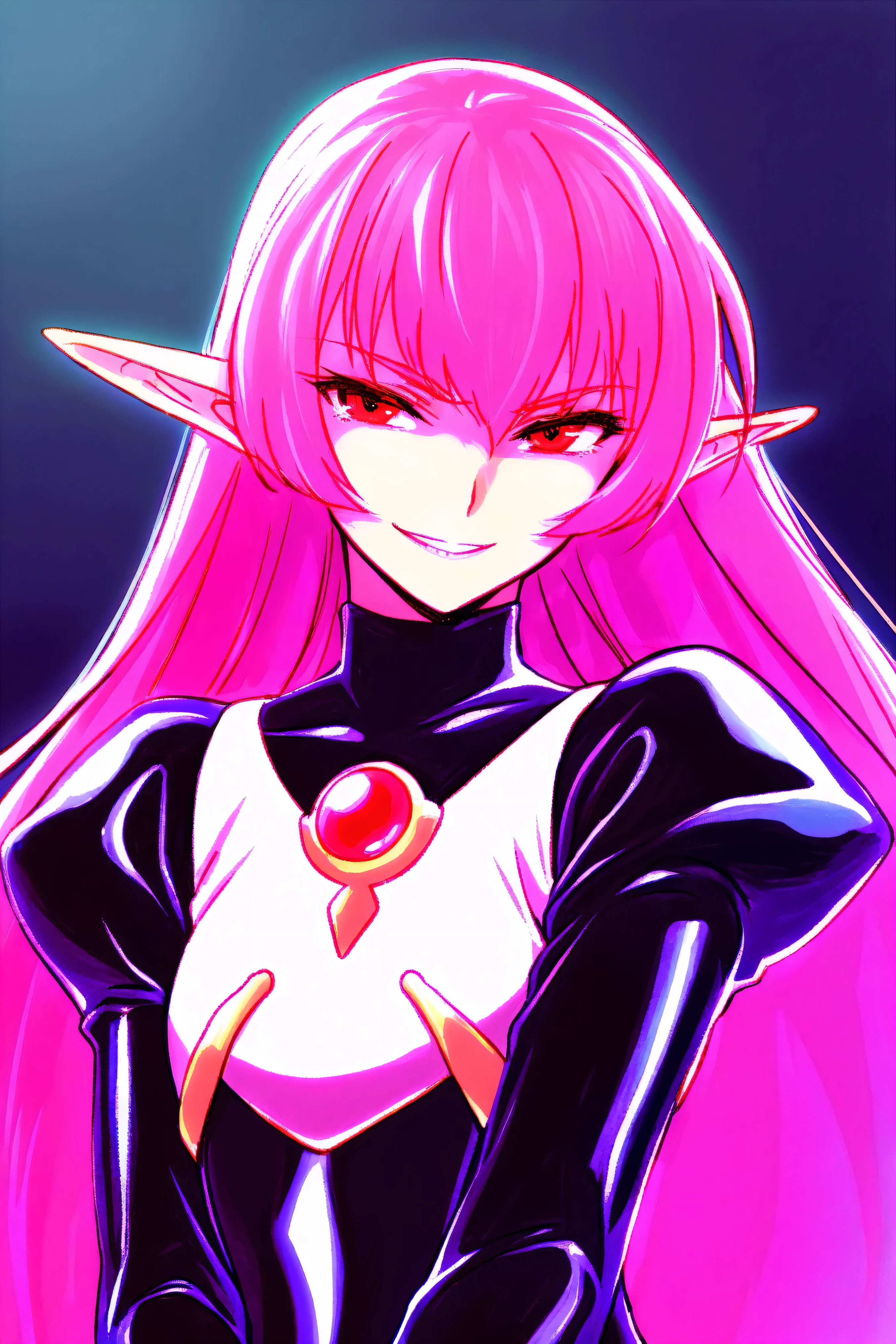 masterpiece, High Resolution, Alone, Shiny Clothes, new, black latex bodysuit, silver breastplate, Shoulder rest, very long hair, pink hair near MM, pointed ears, Red Eyes, Cruel smile,evil smile