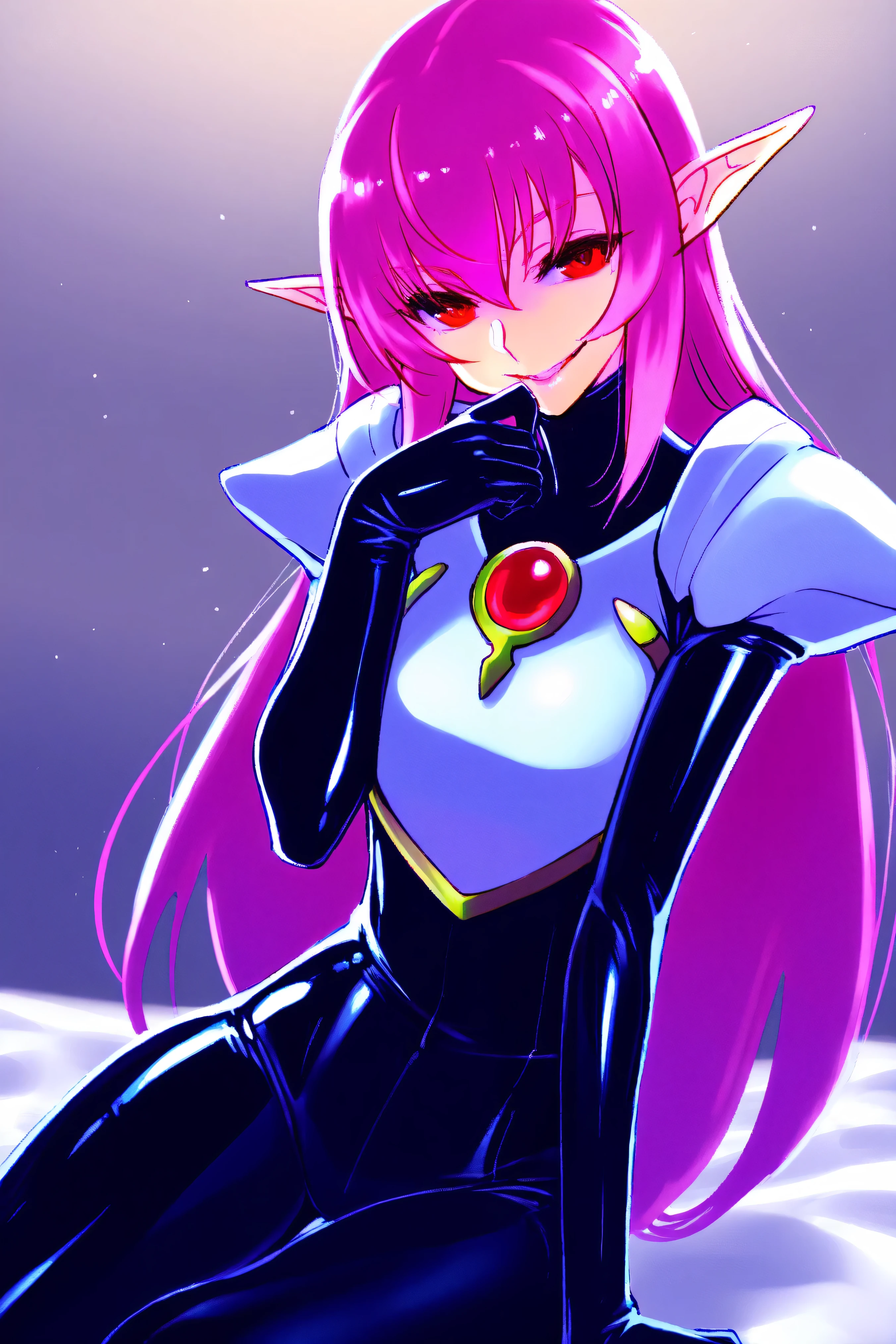 masterpiece, High Resolution, Alone, Shiny Clothes, new, black latex bodysuit, silver breastplate, Shoulder rest, very long hair, pink hair near MM, pointed ears, Red Eyes, Cruel smile,evil smile