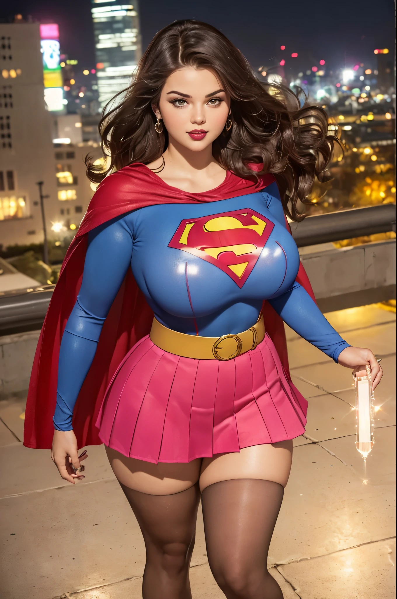 Supergirl, 27 years old, full body view, full body view, full body view, Beautiful woman long curly light brown hair, two side up with bangs, ringlets, shoulder length curly light brown hair with bangs, two side up, ringlets, shoulder length curly light brown hair with bangs, two side up, ringlets, defined body, (large_breasts:1.6) Red lipstick, smiling slightly, hands free, standing facing viewer, (( jeweled lavender short sleeve sparkling short dress of Supergirl )), penthouse flower garden city night (curvy:1.2)