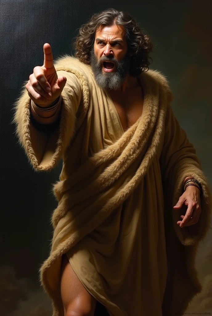 Catholic baroque image of St. John the Baptist, he is a 40-year-old man, skinny man. He has one of his fingers pointing to the sky. He is dressed in a camel skin tunic with his body a little showing, he is holding a staff, his hair is unkempt, he has a big beard. He has a wild appearance but has a serious and quiet look