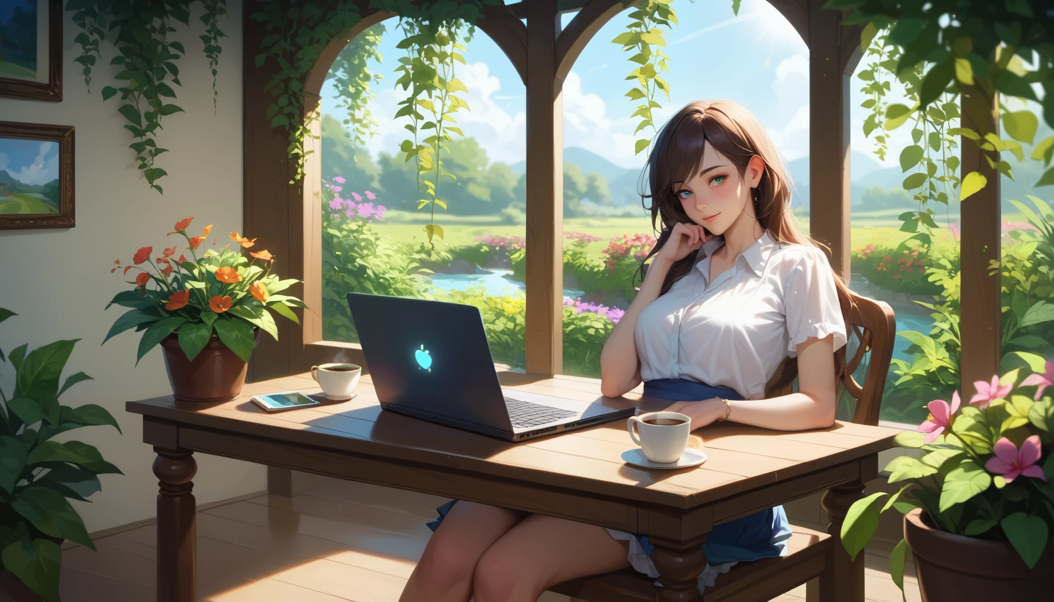 "A cozy outdoor seating area in front of a beautiful home garden, filled with lush green plants and colorful flowers. A woman sits at a small wooden table, gazing at her laptop screen with a relaxed expression. A steaming cup of coffee and her smartphone rest beside her. The warm sunlight filters through the leaves, creating a peaceful and inviting atmosphere."