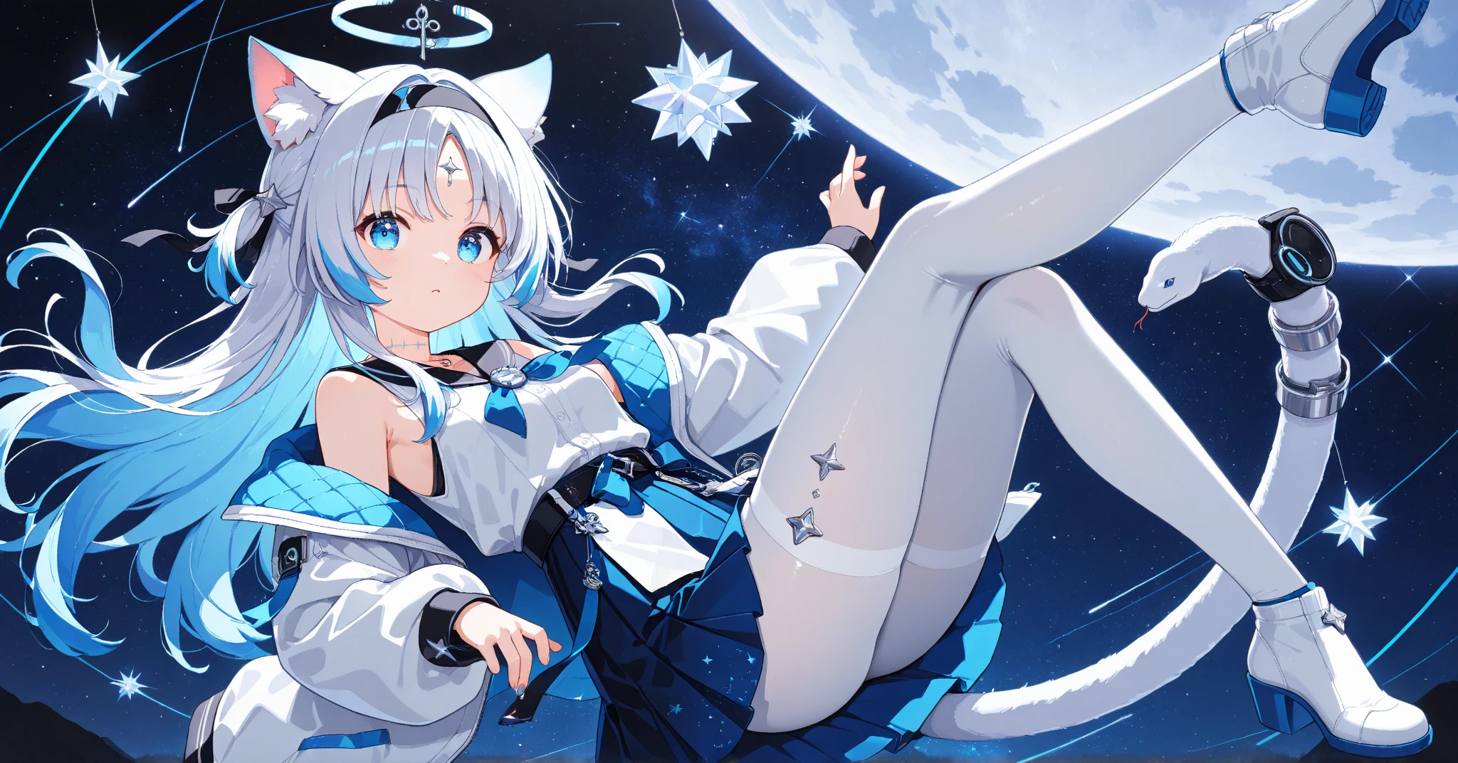 White hair, Gradient hair, ahoge, hair between eye, crossed bangs, Dull hair,hair pin, Hair ribbon, hair adornments, ribbon, Bell, Earphone, bow hair band, snowflake hair ornament, Pupil of the slit, cat ear, thoughtfully, Full body like, sitted, wearing boots, Wearing a short skirt of pure cotton,Skirt knee-length, chiquita, Eight to nine years old,Blushlush,flatchest, The chest is flat,Undeveloped breasts, Bring a scarf, mid - length hair,Long boots, Winters,Behind her is a snowy mountain,The night sky is full of stars,The moon is shining,anime big breast, hyper HD,16k, A high resolution